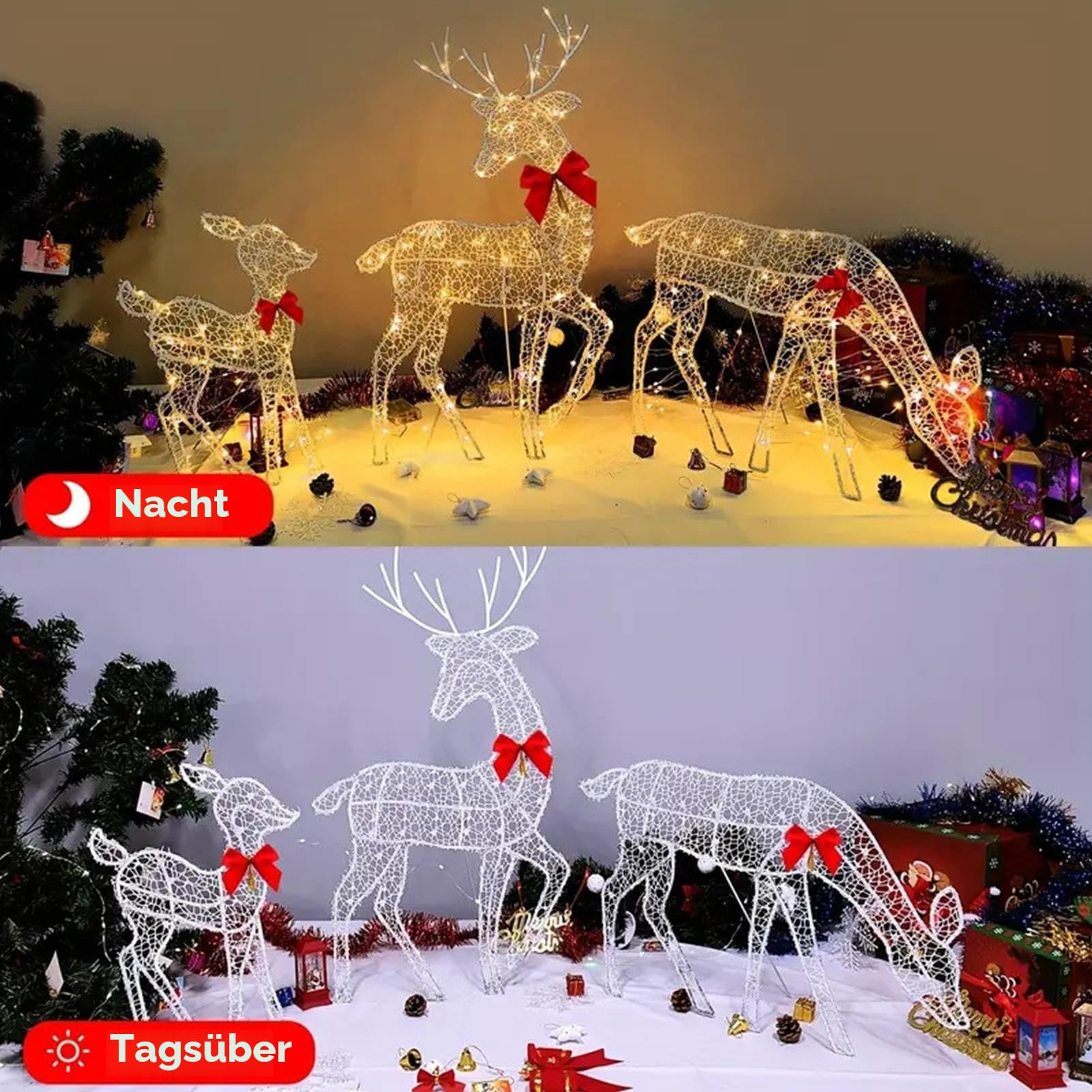 3 Stück beleuchtete Weihnachtsrenteier Dekoration, beleuchtete Weihnachtsrenteier Leuchten Hirsch Dekorationen, wasserdichte beleuchtete Weihnachtsrenteier, LED funkelndes Rentier mit Glocke und Bogen