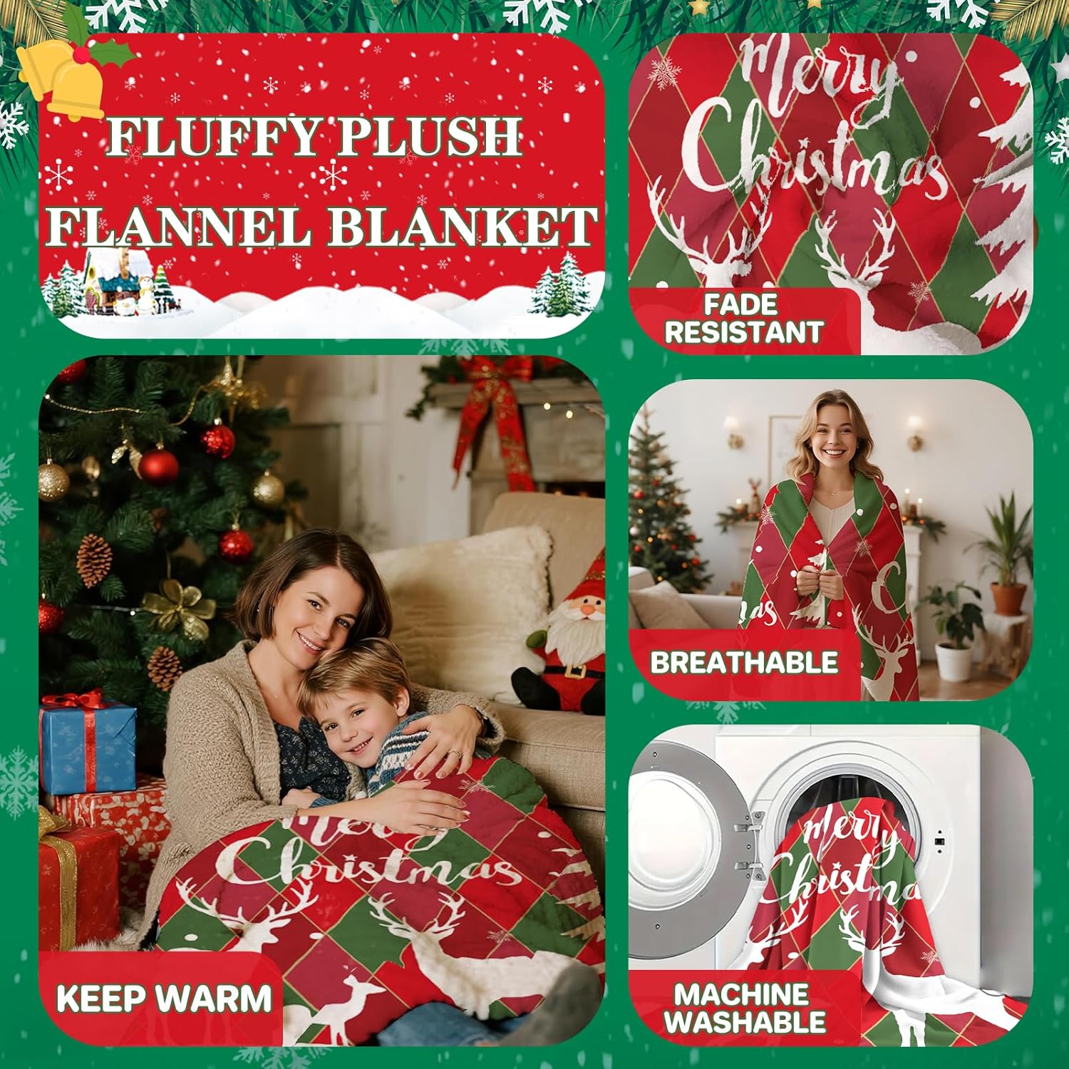 Christmas Plaid Throw Blanket, Soft Cozy Snowflake Reindeer Blanket, Christmas Throw Blankets for Couch Bed Home Decor Gifts 60"x50" - Image 5