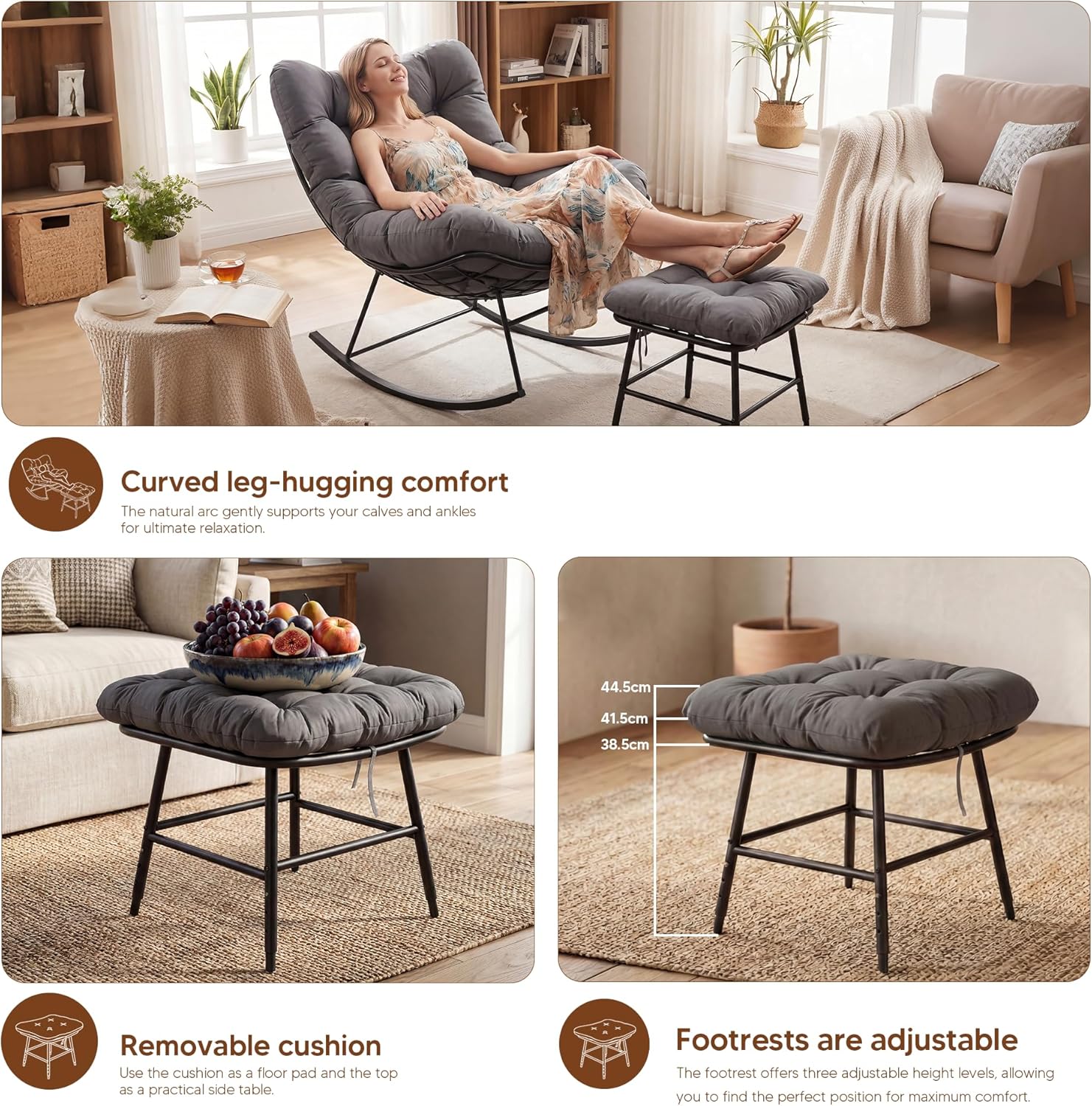Outdoor Rocking Chair with Ottoman - Patio Papasan Rocking Chair with Adjustable Footrest, Double Padded Cushions, 450Lbs Capacity, 1-Person Loveseat for Indoor & Outdoor Use (2, Gray)