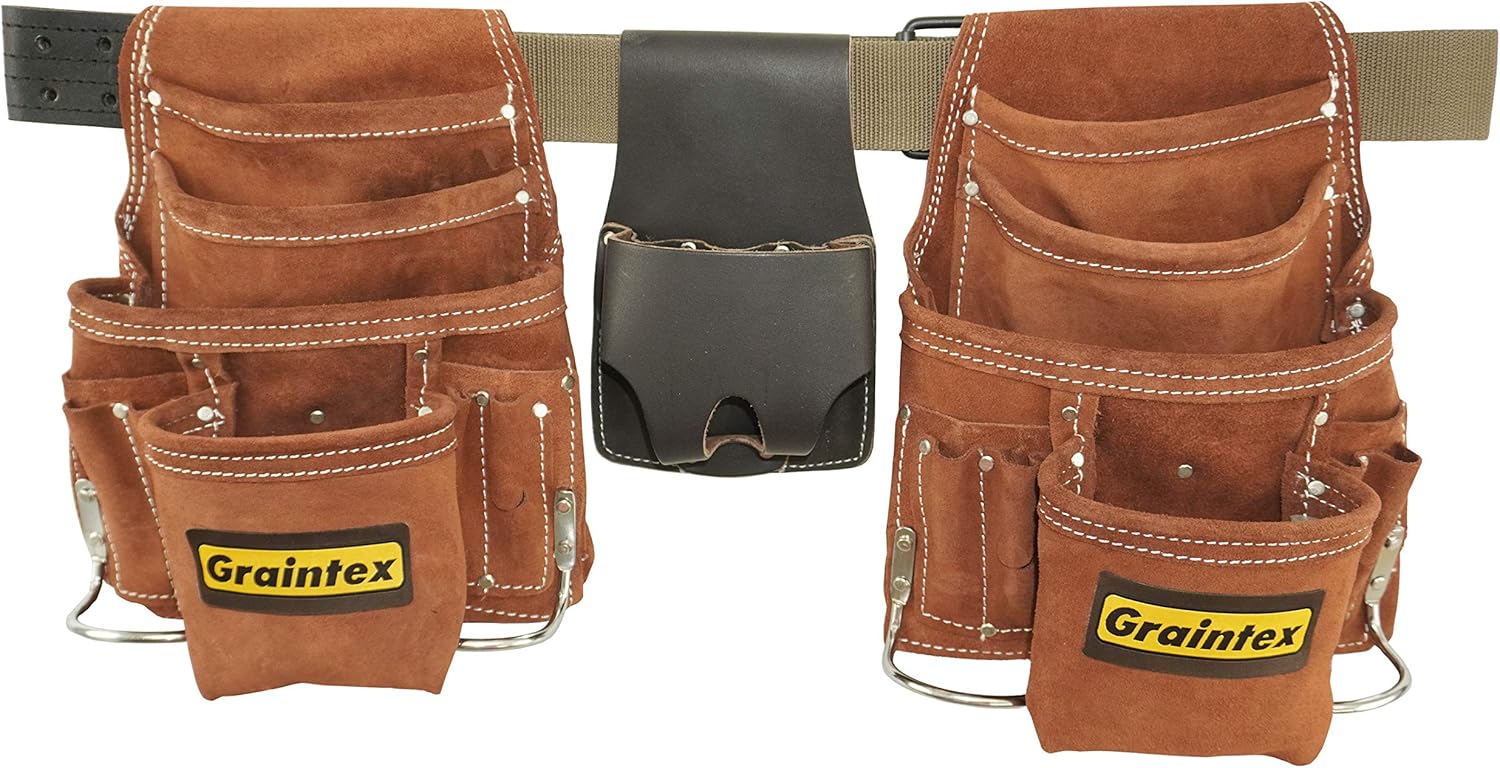Graintex SS2975 20 Pocket Nail & Tool Pouch Set Brown Color Suede Leather with 2" Leather/Webbing Belt and Professional Measuring Tape Holder for Contractors, Electricians, Plumbers, Handymen