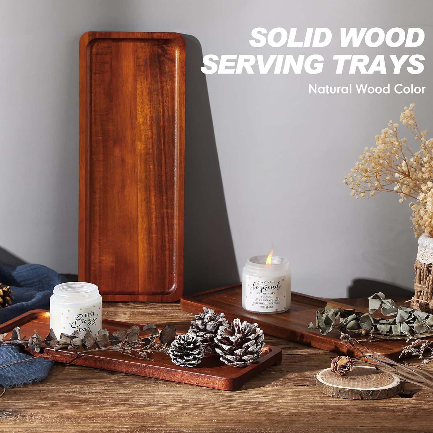 20 Pack Solid Wood Serving Trays Acacia Wooden Server Platter Rectangular Charcuterie Boards with Grooved Handle for Home Room Coffee Cheese Appetizer Table Farmhouse Serving Decor (13.8 x 5.4 Inch) - Image 3