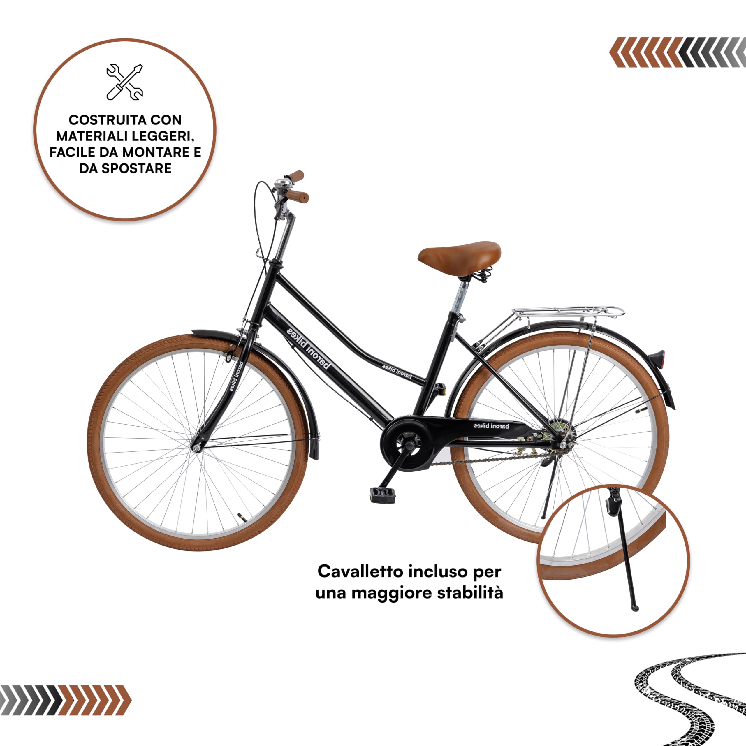 Baroni Home Bicicleta de paseo para hombre y mujer, con timbre, manillar y sillín ajustable, bicicleta con doble freno delantero y trasero, bicicleta de ciudad, negro y marrón, 168 x 90 cm