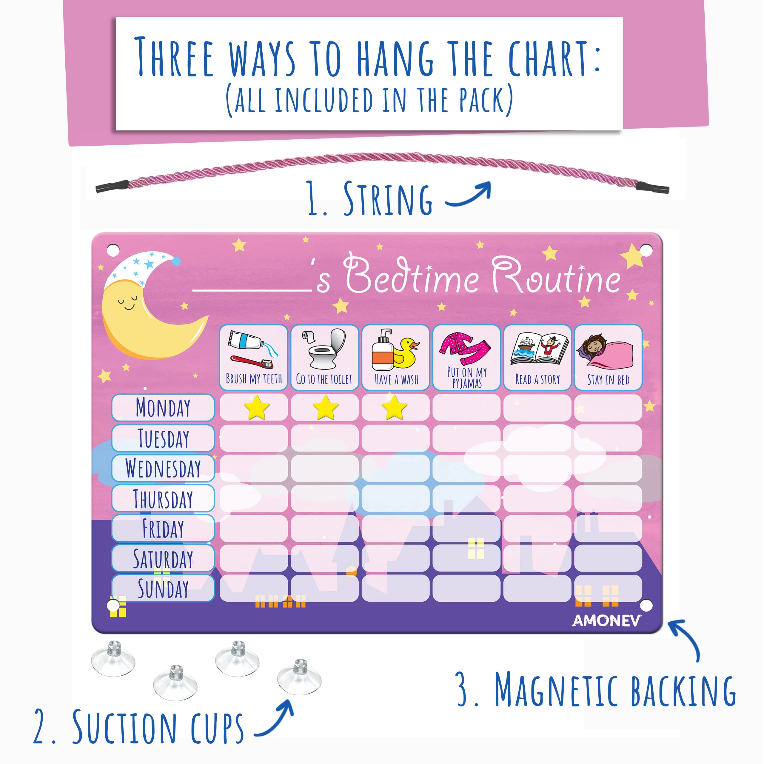 Amonev Children's Magnetic Bedtime Routine Reward Chart. Magnetic Sticker Chart. Reusable Wall Chart (Pink) - Image 3