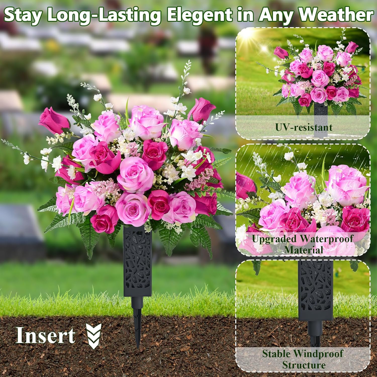 MARTINE MALL 2 Sets Artificial Cemetery Flowers for Grave, Realistic Grave Flowers for Cemetery UV Resistant Memorial Day Flowers Silk Rose Flower with Vase for Cemetery Decorations (Mixed Color)