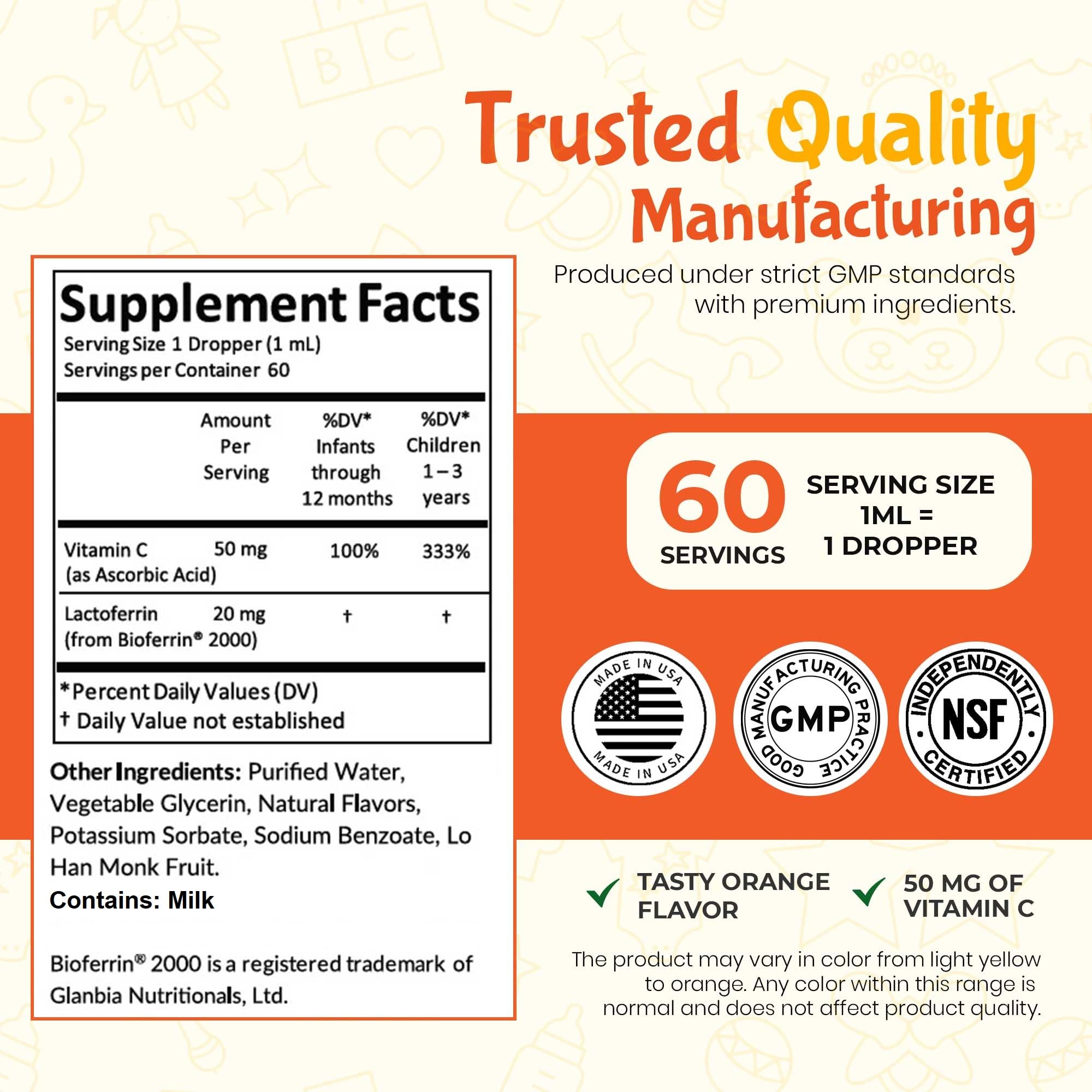 Baby Lactoferrin Liquid Drops – Gentle Immune Support Supplement – 100mg Formula – Tasty Orange Flavor – 60 Daily Servings – Sugar Free, Gluten Free, Vegetarian, 2oz — Amazon image 4