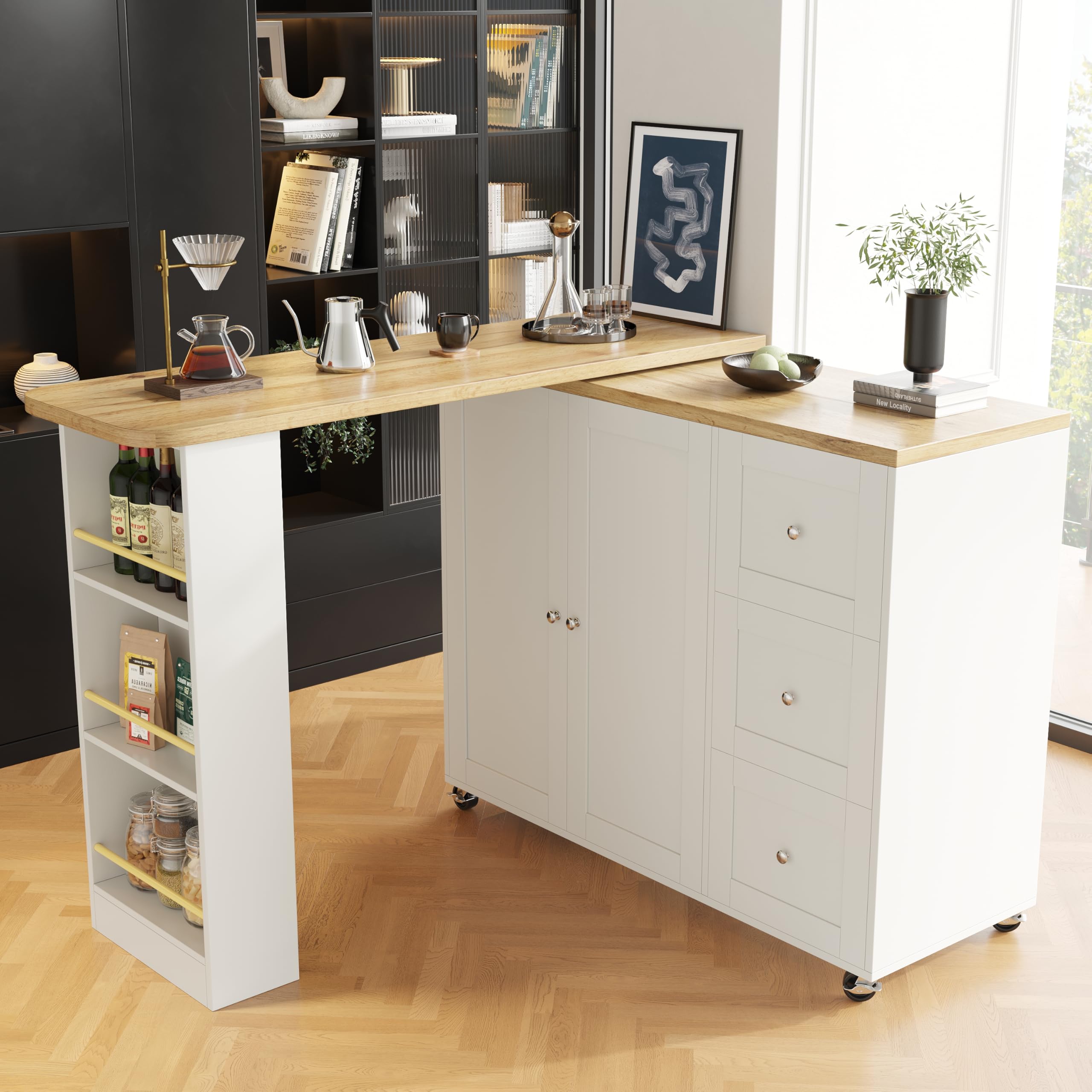 Merax 360° Rotating Dining Bar Table Multifunctional Storage Island L-Shaped Table Sideboard on Castors with 3 Drawers & Snack Rack,White, 138-209 x 39 x 106 cm