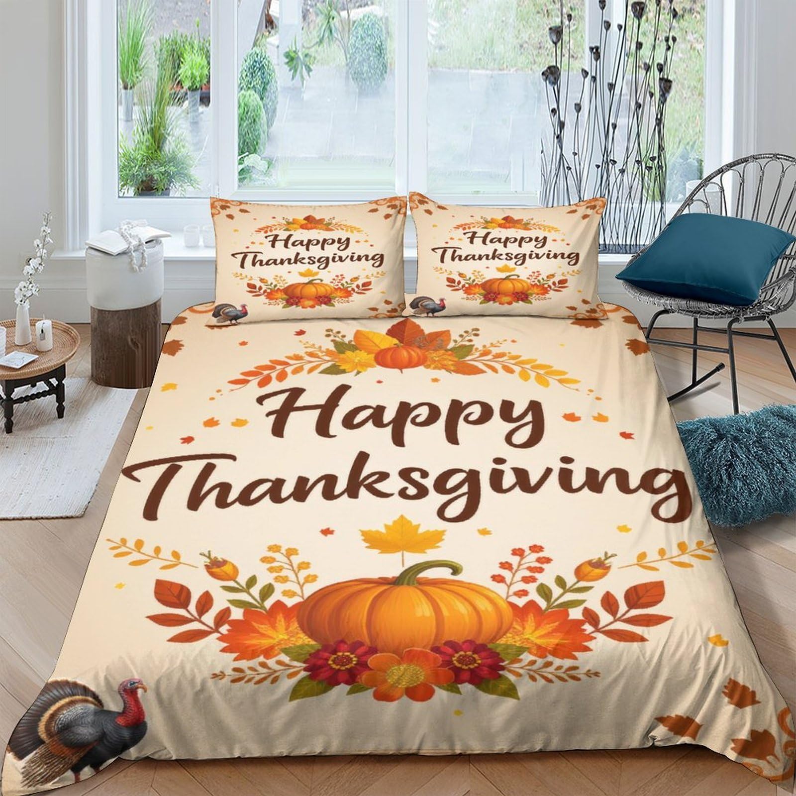 Ctjqhvkz Style-9 3D Printed Thanksgiving Pumpkin Fitted Sheet Microfiber Autumn Leaves Turkey Mattress Cover Bedroom Guest Room Decor Single（135X200cm）