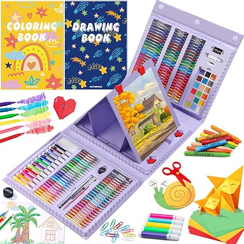 Suministros de arte todo en uno con caballete triple, juego de arte con kit de dibujo para colorear libro de corte de papel y kit de origami, artes