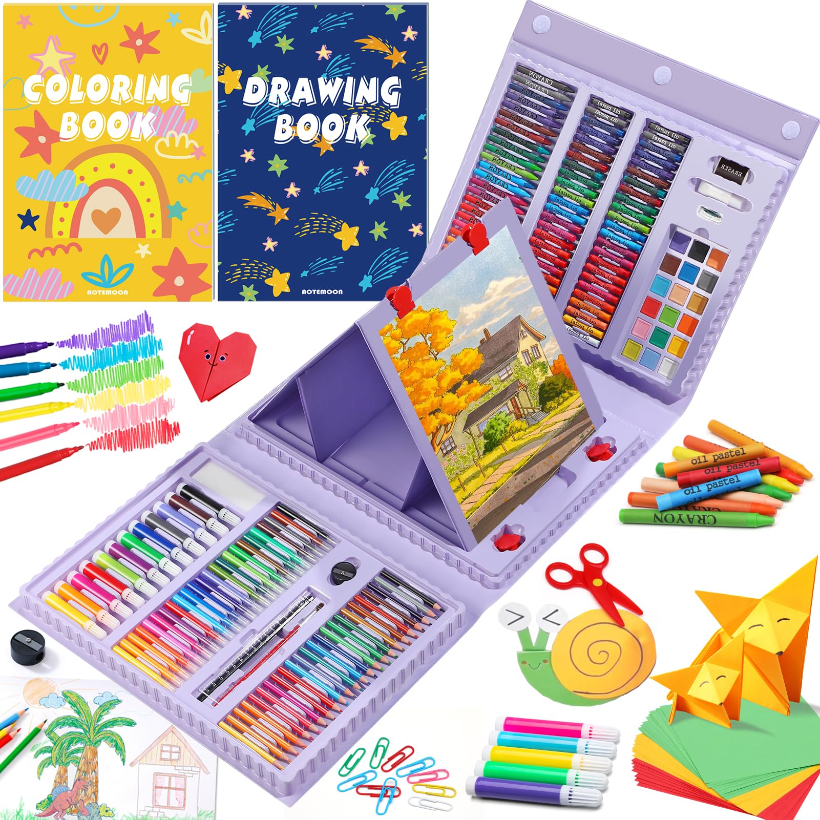 All in One Art Supplies, Art Kit Includes Easel, Origami Paper, Colored Pencils, Crayons, Drawing Book, Coloring Book, Watercolor Pens, Markers and Oil Pastels, Gifts for Girls Boys Teens, Purple