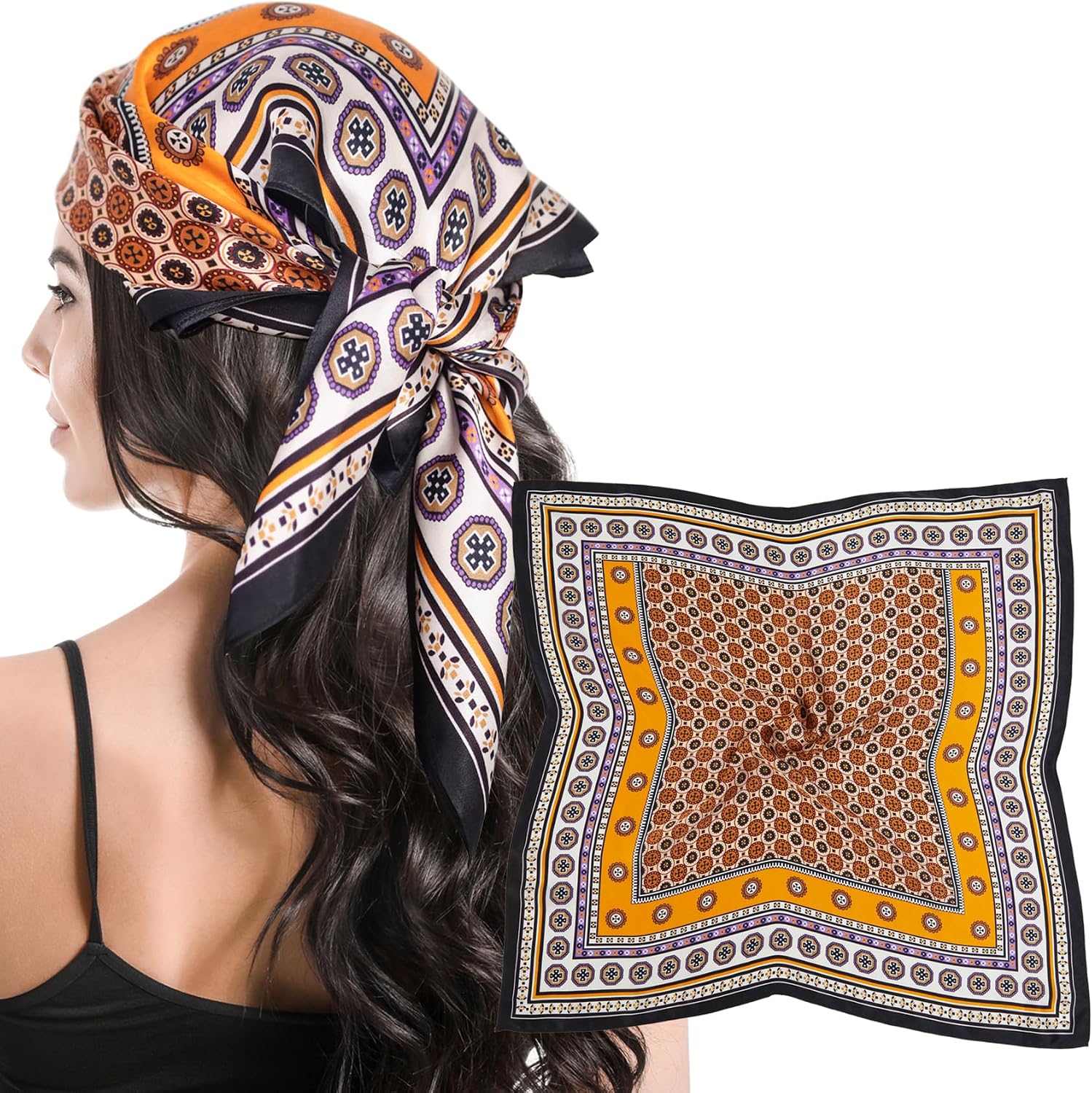 MANSPHIL 100% Mulberry Silk Head Scarf, Women Square Neck Scarves, Hair Scarf Bandanas, Multi Size, 21", 27", 35"