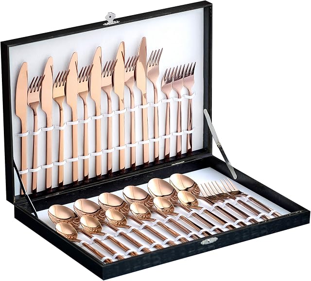 Velaze 30-Piece Rose Gold Silverware Set Cutlery Set, Stainless Steel Utensils Service for 6 Person Include Dinner Spoon, Dinner Fork, Dinner Knife, Dessert Fork and Tea Spoon, Mirror Polished Design