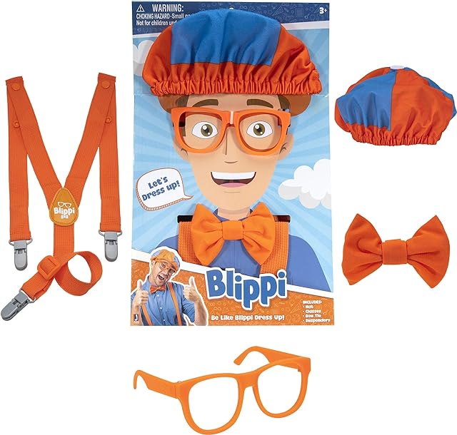 Blippi Costume Roleplay Accessories, Perfect for Dress Up and Play Time - Includes Iconic Orange Bow Tie, Suspenders, Hats and Glasses, for Young Children and Toddlers - Roleplay Set