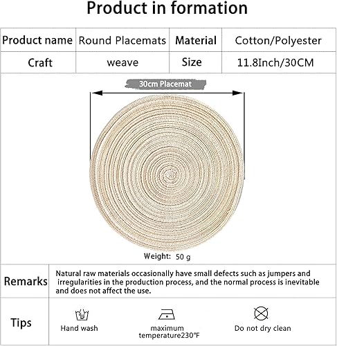 Miniatura 3 de ADIDO EVA Juego de 8 manteles individuales redondos trenzados, resistentes al calor, 11.8 pulgadas, para mesa de cocina, color beige