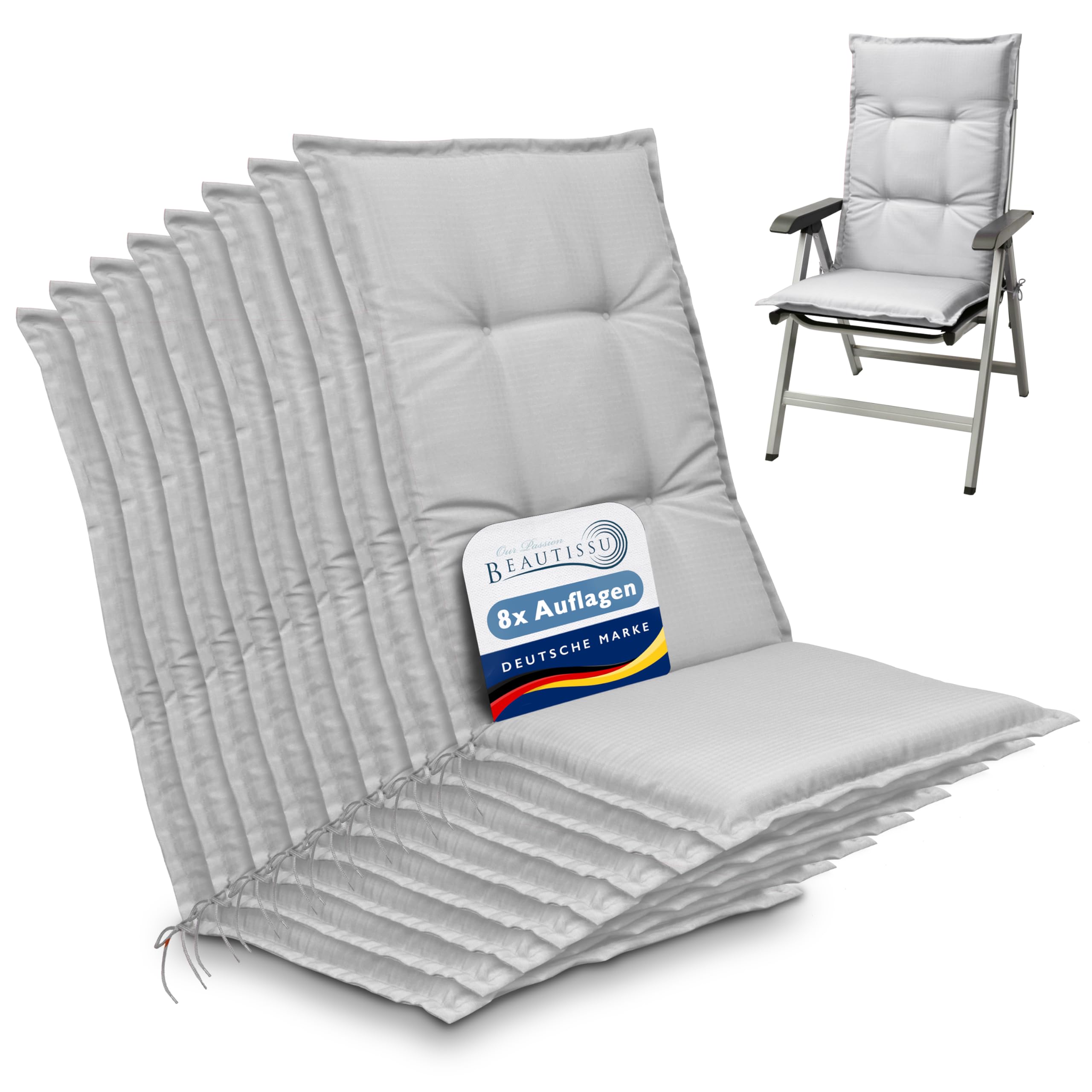 Beautissu Set of 8 Outdoor Garden Chair Cushions with Backs High 120x50x6 cm - Light Grey Seat Cushions for Garden Chairs Patio Furniture Recliner Rattan - Soft Foam Core - Base HL