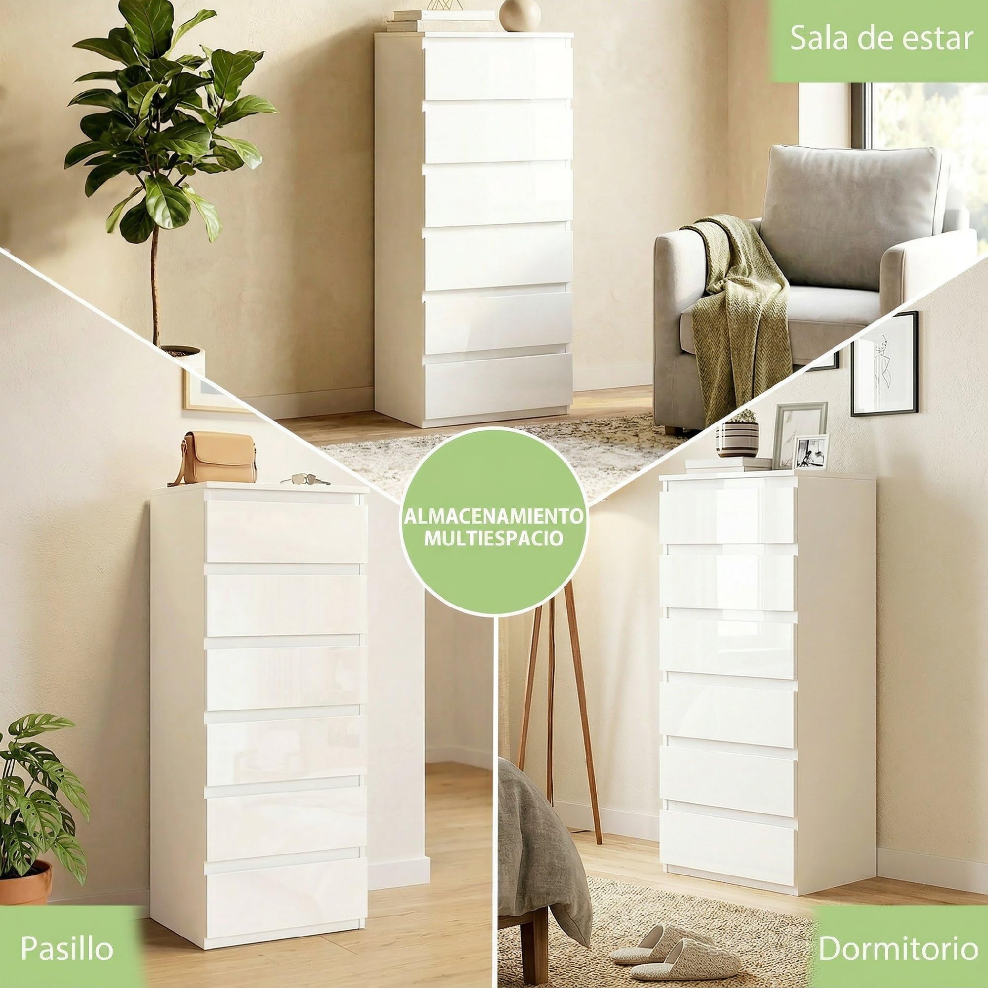 HOMCOM Cómoda 6 Cajones Dormitorio Estrecha 40x35x109 cm Blanco Brillo | Sinfonier, Ahorro Espacio, Cajonera para Sala de Estar, Comedor, Entrada