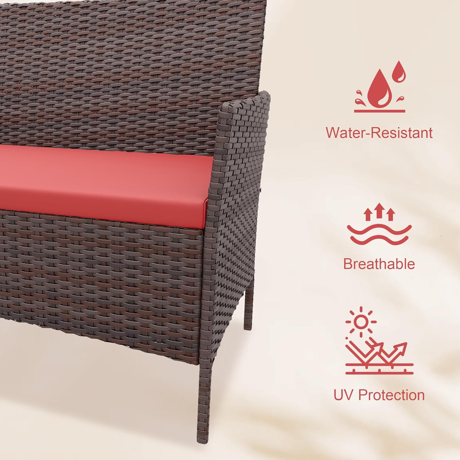 GarveeHome Modern 4-Person Outdoor Bistro Set with Tempered Glass Table – Weather-Resistant PE Rattan & Iron Frame Patio Furniture, Thick Red & Brown Polyester Cushions for Garden, Balcony, Deck