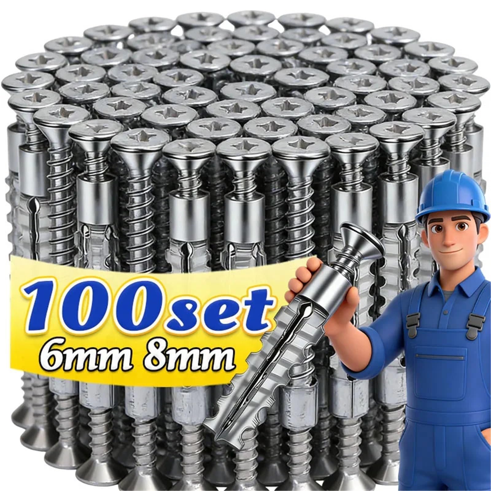 Dübel 10mm Expansionsrohr aus Kohlenstoffstahl for Hohlwandfliesen-Trockenbauanker mit selbstschneidender Bohrstopfenschraube(Mixed(6 8mm),100set)