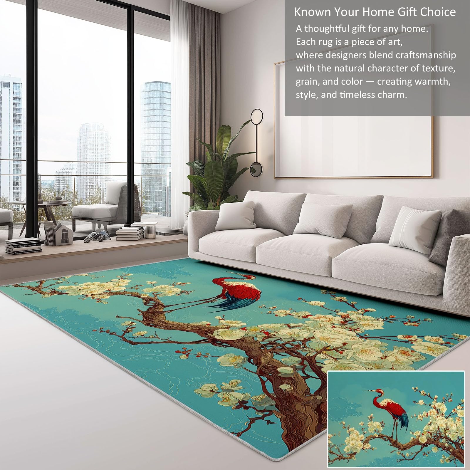 Alfombra antideslizante con diseño de pájaros voladores y flores de ciruelo, 160 x 230 cm, estilo chino, alfombra para dormitorio de niños y niñas, alfombra de suelo para sala de estar, dormitorio