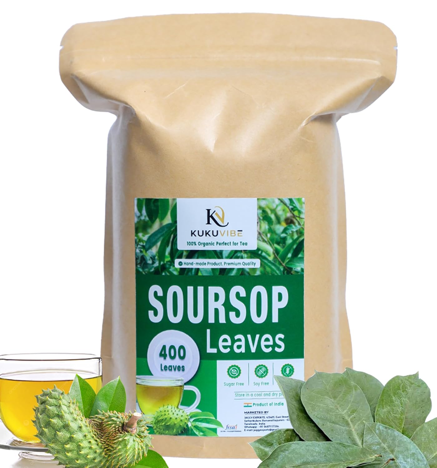 KUKUVIBE Soursop Leaves Tea (400 Leaves) – 100% Pure Hojas de Guanabana Graviola Leaf Herbal Tea for Wellness – Premium Quality Whole Dried Soursop Leaves – Natural Antioxidant Support