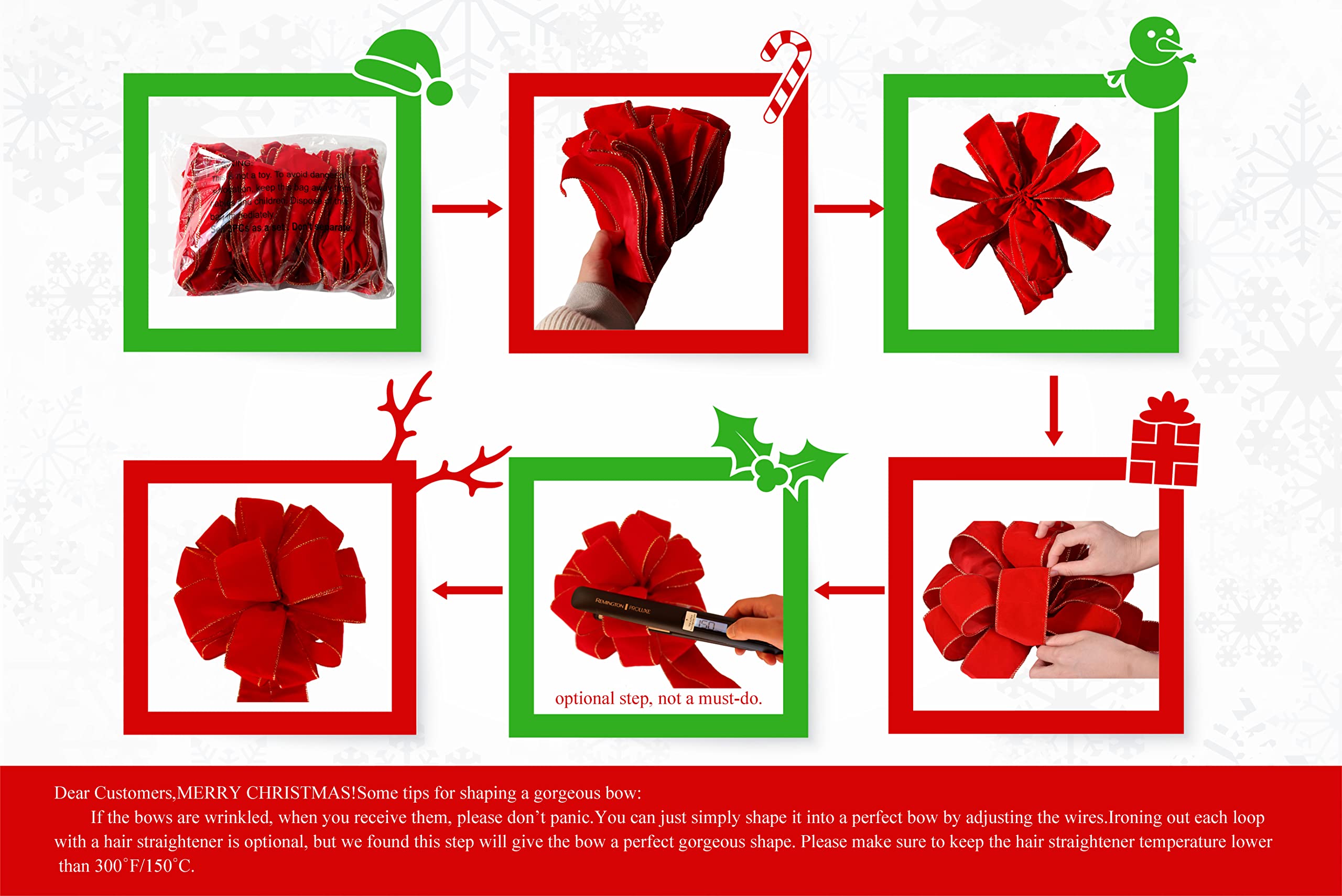 3 lazos de Navidad de terciopelo rojo con alambre dorado, hechos a mano (26 x 12 pulgadas), lazos de cinta grandes, decoración de árbol de Acción de Gracias, lazo de corona, decoración de árbol, lazos