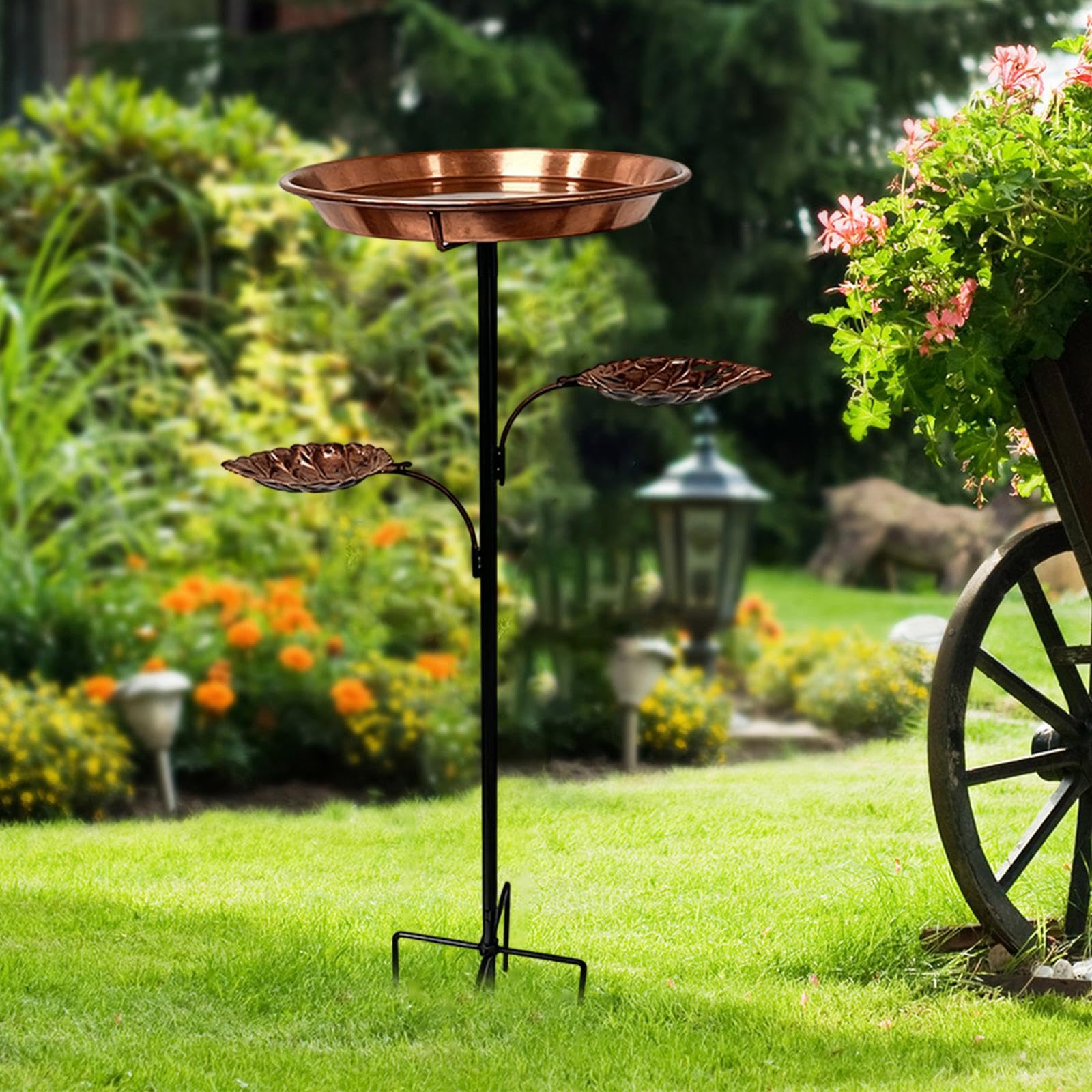 Fenteer Bebedero para pájaros de exterior, comedero metálico, resistente y estable, multifuncional, ideal para decorar el jardín. Incluye estaca de 5 puntas
