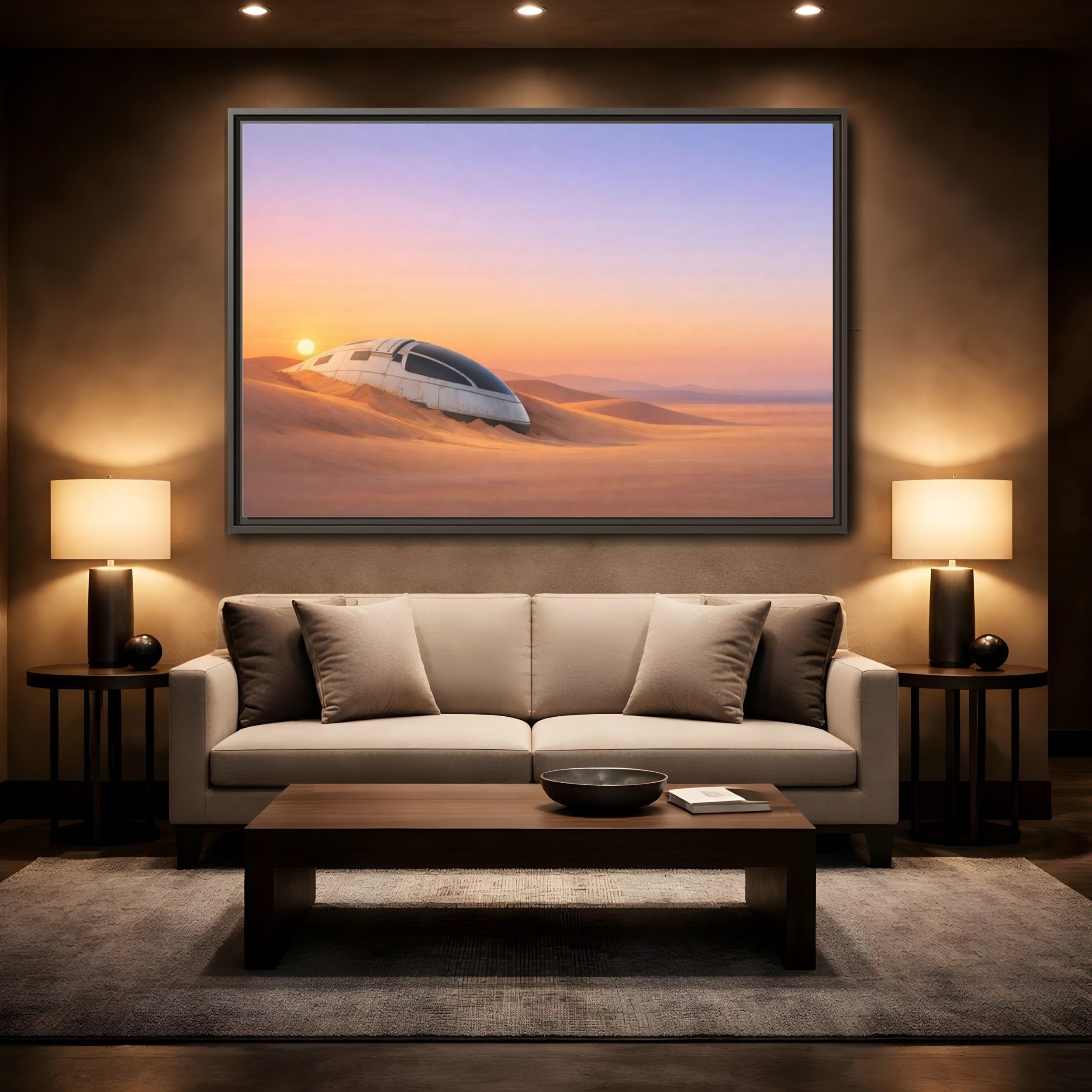 Science Fiction Crashed Spaceship Desert Sunset Framed Canvas Wall Art Print – Living Room Decor 18×12 inch (45×30 cm) - Horizontal/Black / 1.25 inch (3 cm)
