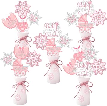 24pcs Winter Snowflake Baby Its Cold Outside Centerpieces Sticks Baby Shower Decorations for Girl, Pink White Little Snowflake Its A Girl Table Toppers Gender Reveal Party Supplies