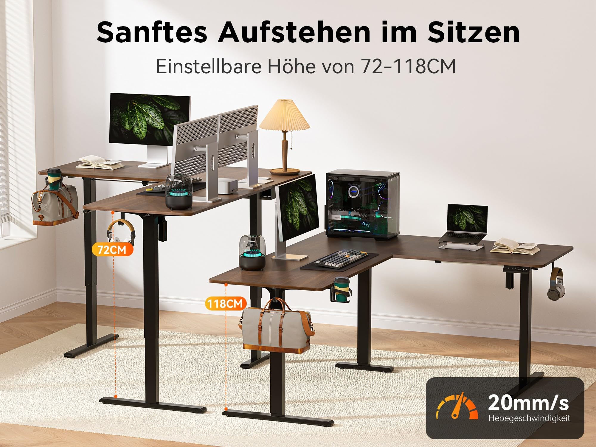 WALKINGDESK Höhenverstellbarer Eckschreibtisch 190 x 150 cm | Elektrischer L-förmiger Schreibtisch, 4 Speicherpositionen, Kabelmanagement, Computertisch für Homeoffice Gaming, Schwarznuss