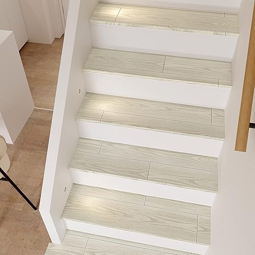 Miniatura 8 de VEELIKE Paquete de 12 pisos de tablones de vinilo de madera gris beige de 6 x 36 pulgadas, azulejos de piso de suelo de madera para despegar y