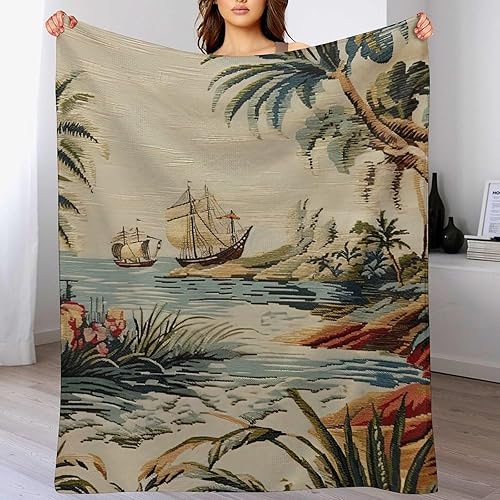 Manta de franela escénica asiática china antigua, manta de lino marrón con pájaros y flores, manta de franela suave y cálida para sofá cama, 30 x 40