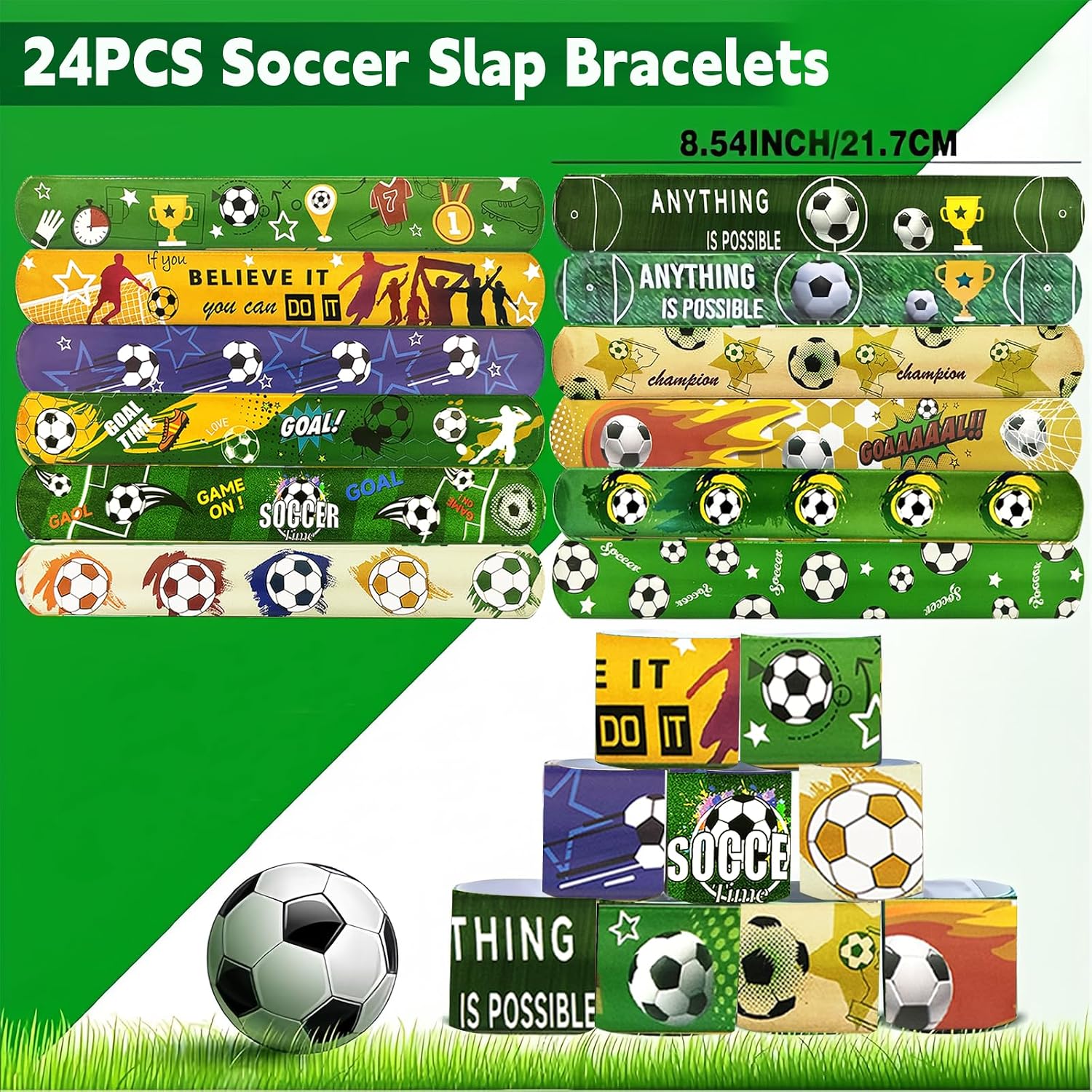 74PCS Soccer Party Favors, 24PCS Slap Bracelets and 50PCS Stickers in Bulk