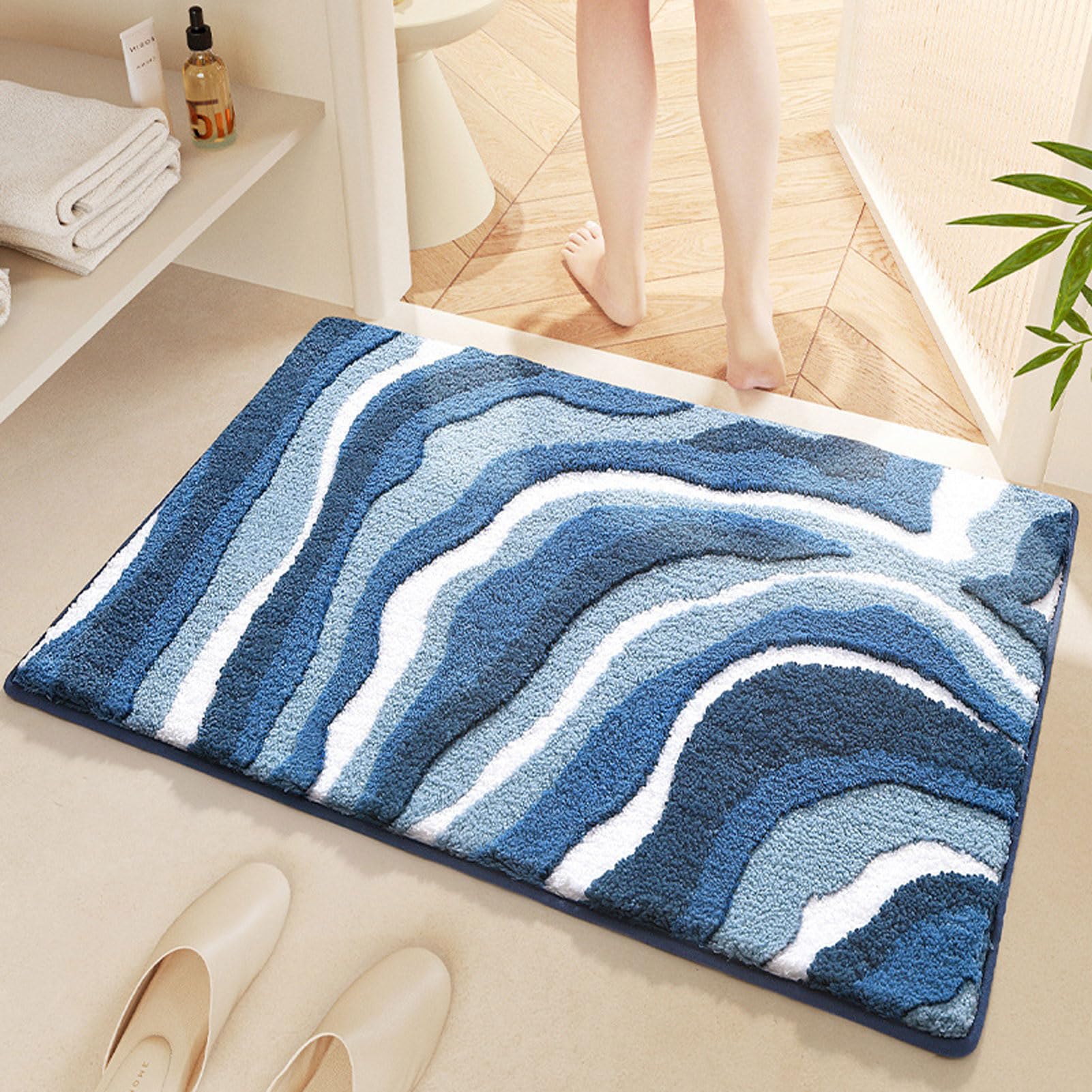 Badvorleger rutschfest, Badezimmerteppich Waschbar, Duschvorleger Schnelltrocknend, Badteppich Hochflor, Badematte Absorbierender, für Dusche, Badewanne und Toilette (Blue 50x80cm)