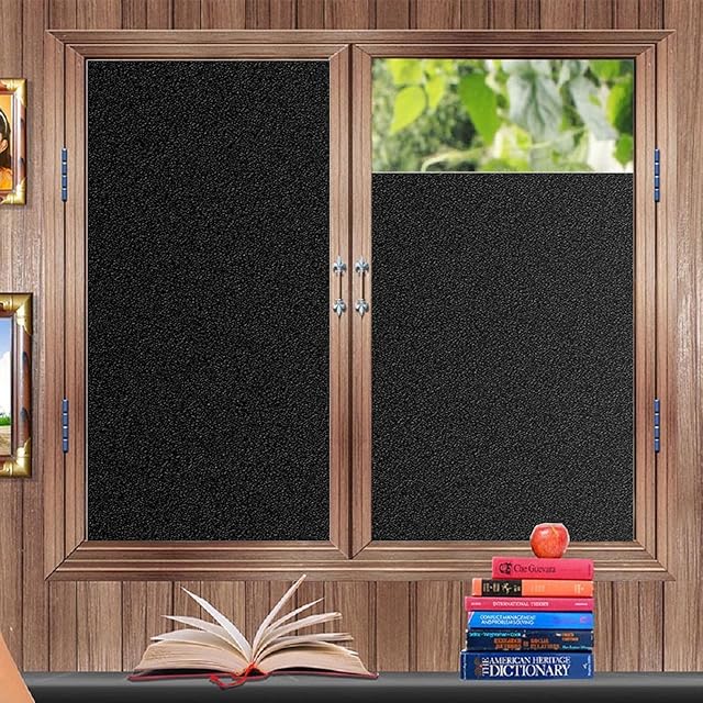 Zindoo Blackout Window Film Privacy Self Adhesive Window Film Anti-UV Frosted Glass Window Sticker Black Light Blocking Window Tinting Film 44.5X200CM
