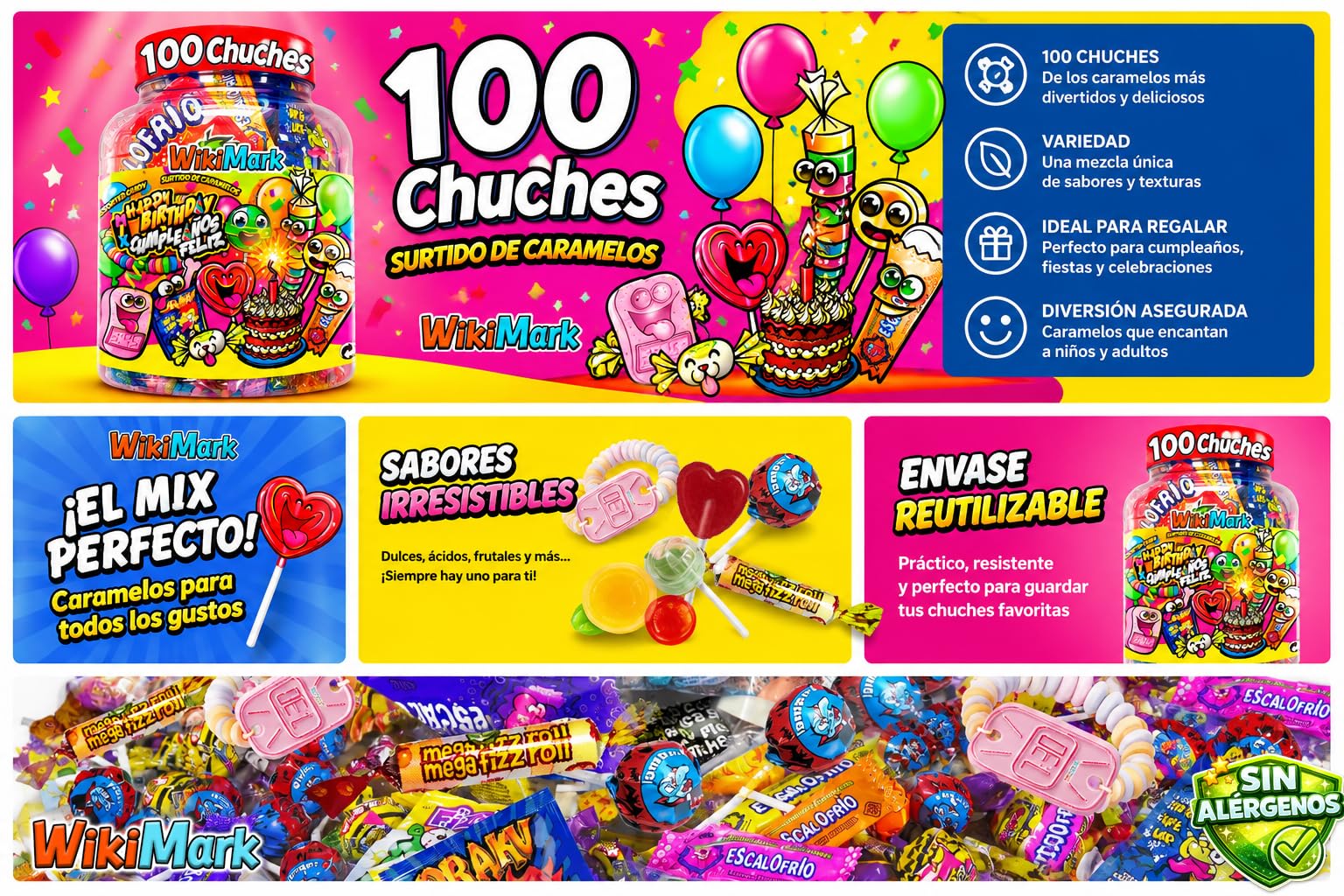 Bote 100 Chuches Surtidas para Cumpleaños y Piñatas | Caramelos Variados Infantiles | Golosinas para Fiestas, Candy Bar y Bolsas de Regalo | Mix Dulces Sin Gluten y Sin Leche