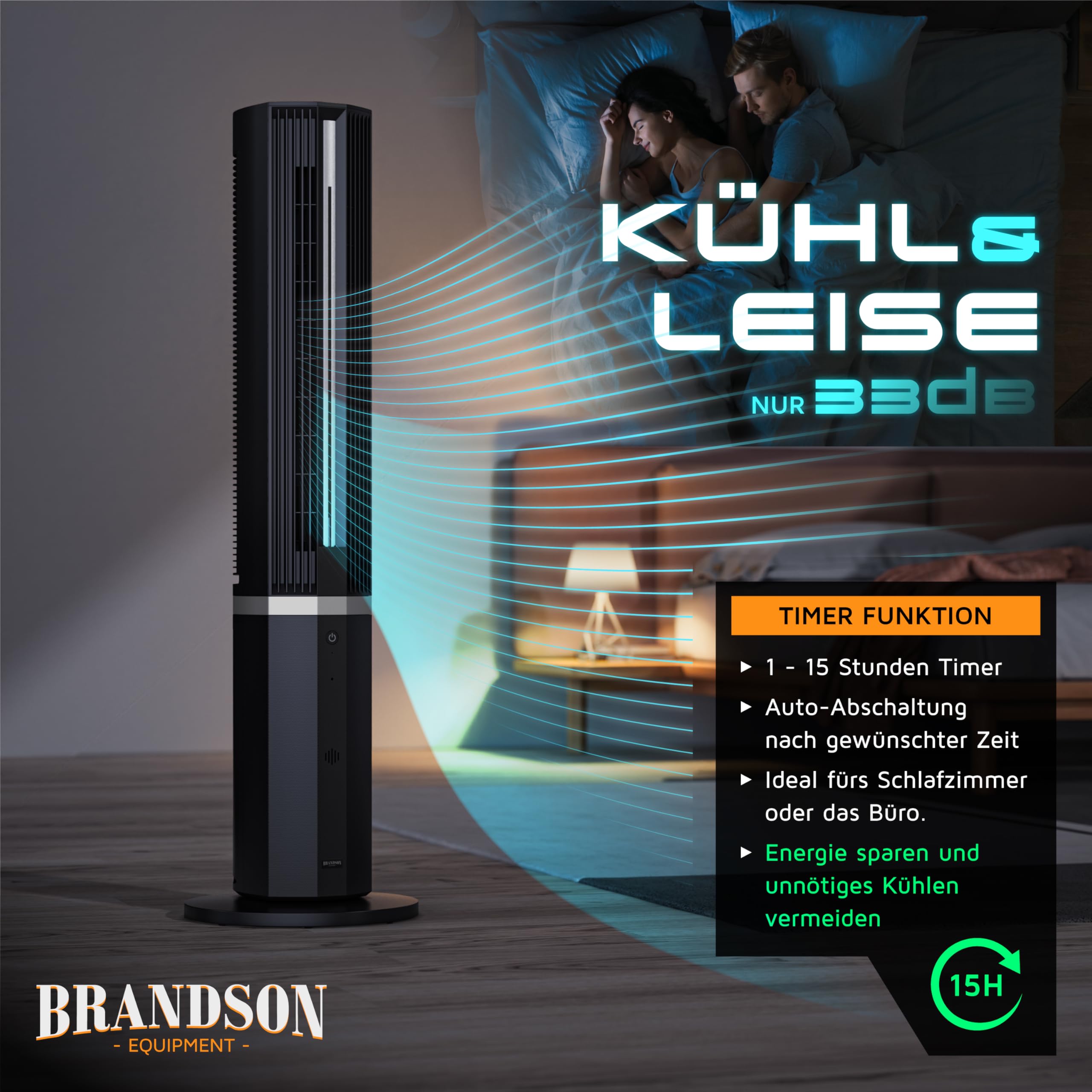 Brandson - Turmventilator mit Wasserkühlung – Preisträger 2026 - Luftkühler inkl. Luftbefeuchter - DC-Motor sehr leise – 12 Geschwindigkeiten - Fernbedienung