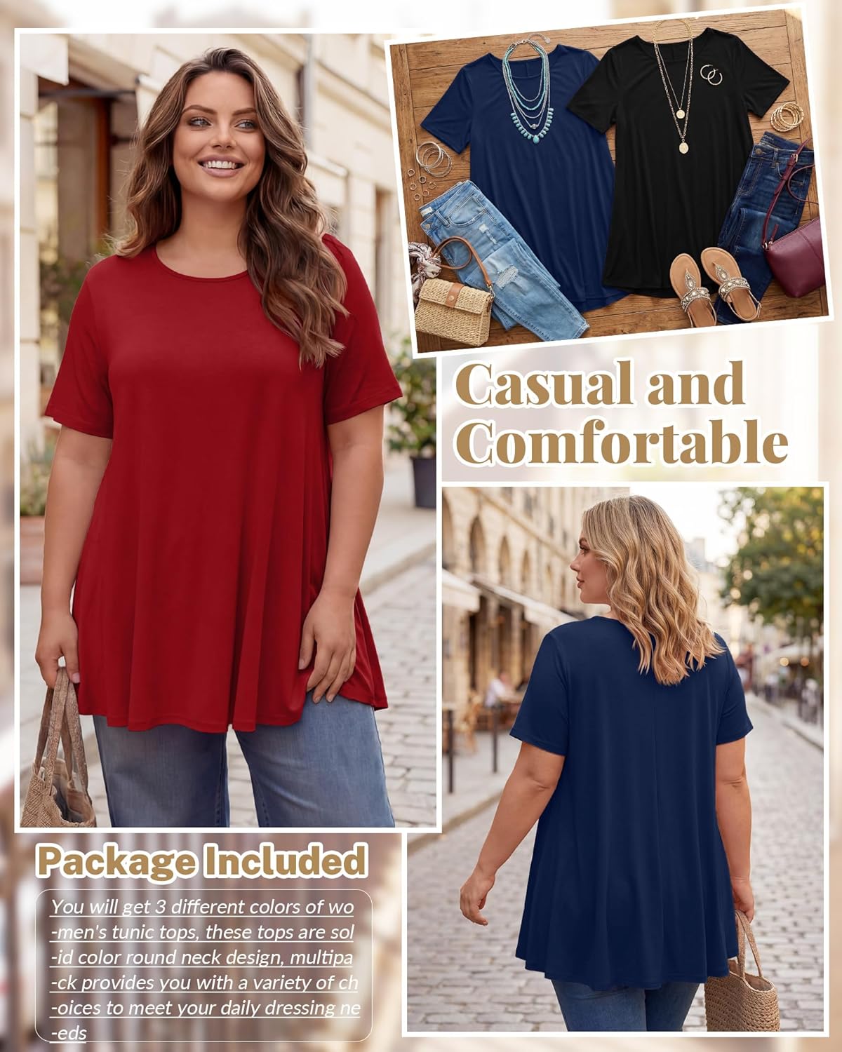 3 Pack Women's Plus Size Tunic Top Short Sleeve Long Shirts Summer Loose Fit Flowy Blouse Wear with Leggings - Image 2