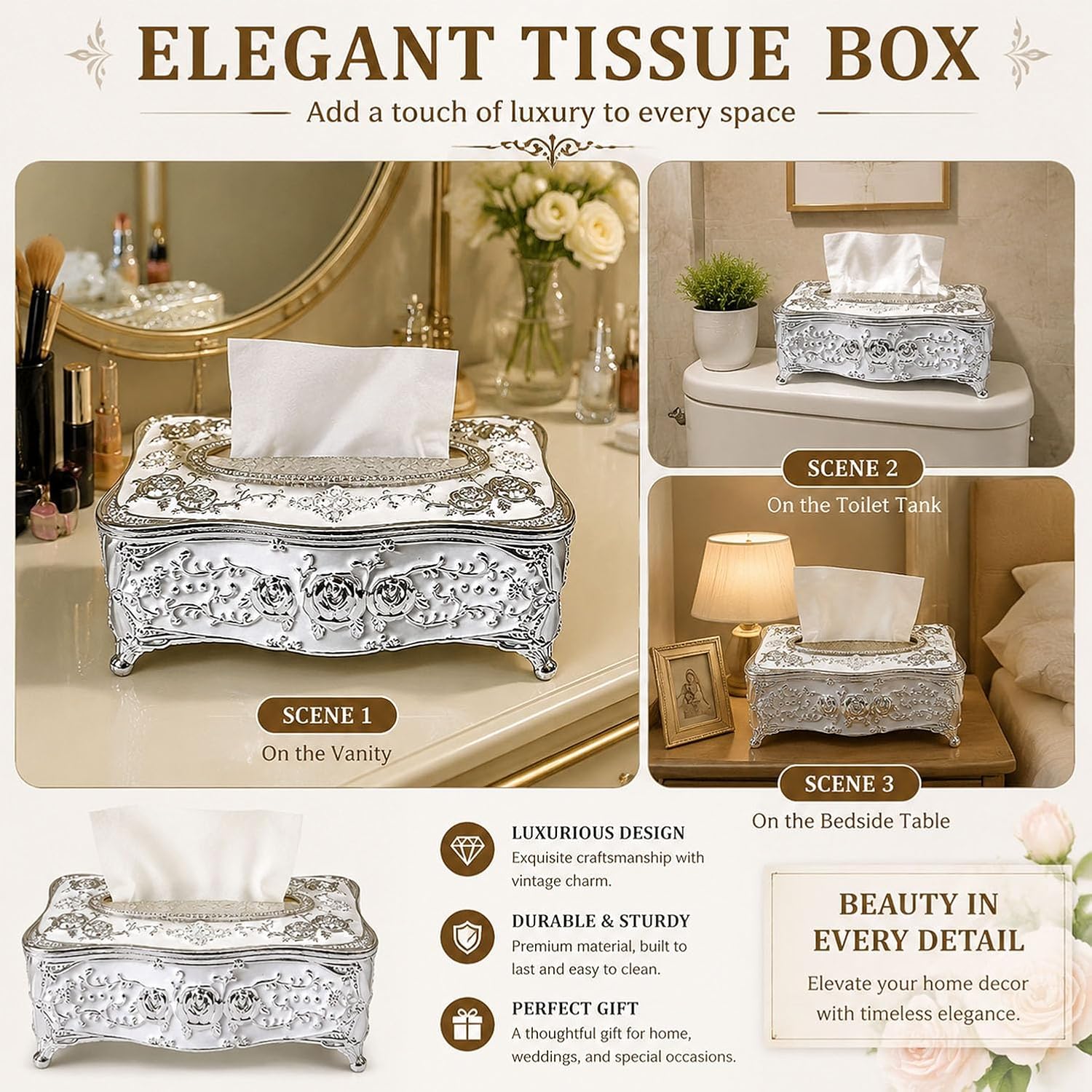 Luxury Rococo Style Rhinestone Tissue Box Cover Acrylic for Bathroom Vanity image 3