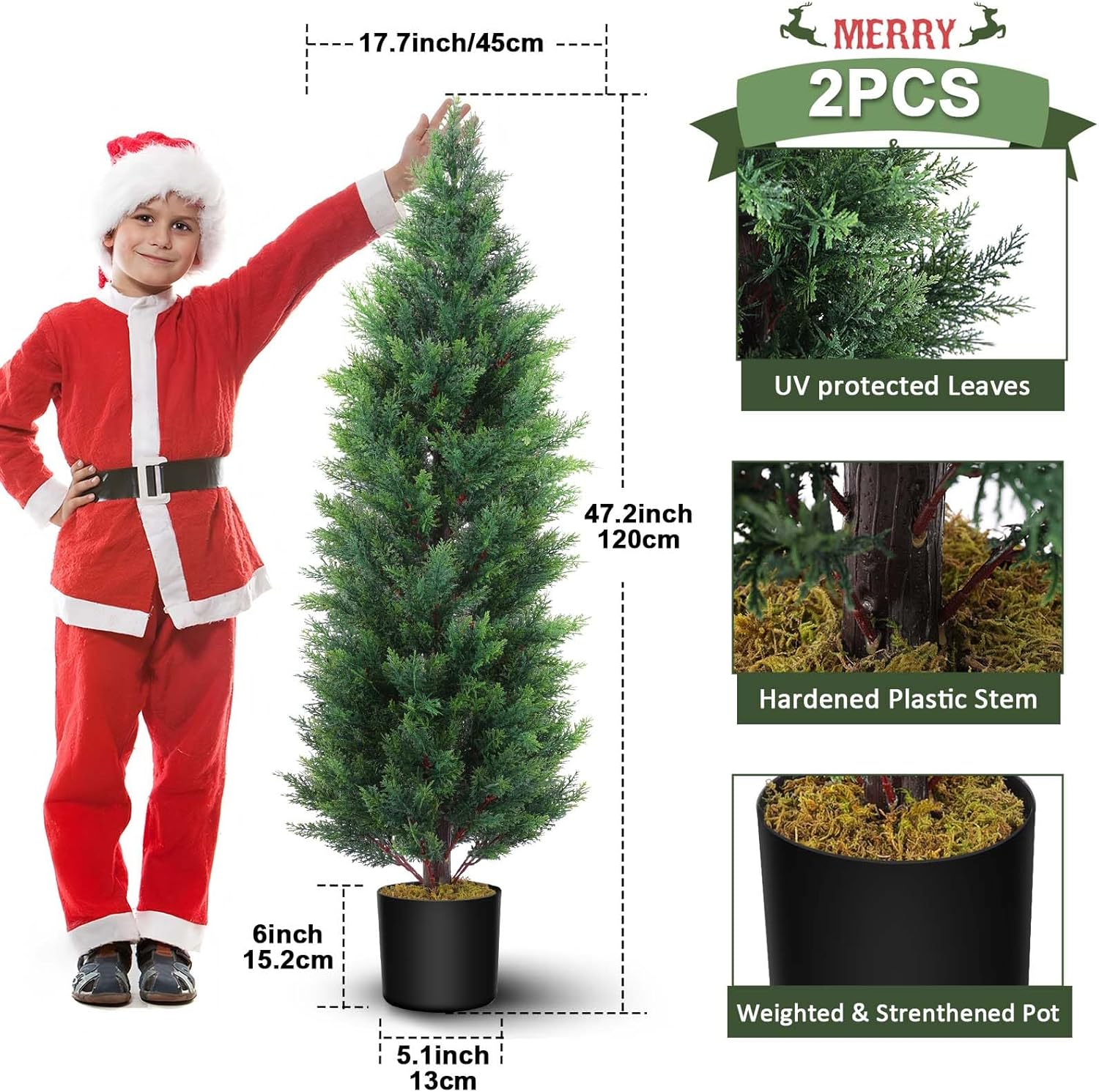 Hananona 2 Pcs 4 Ft Artificial Topiary Cedar Trees, Outdoor Faux Pine Shrubs, Realistic Fake Greenery Plants UV Resistant Cypress Trees for Christmas Porch Front Door Decor (2, Green, 4 Ft)