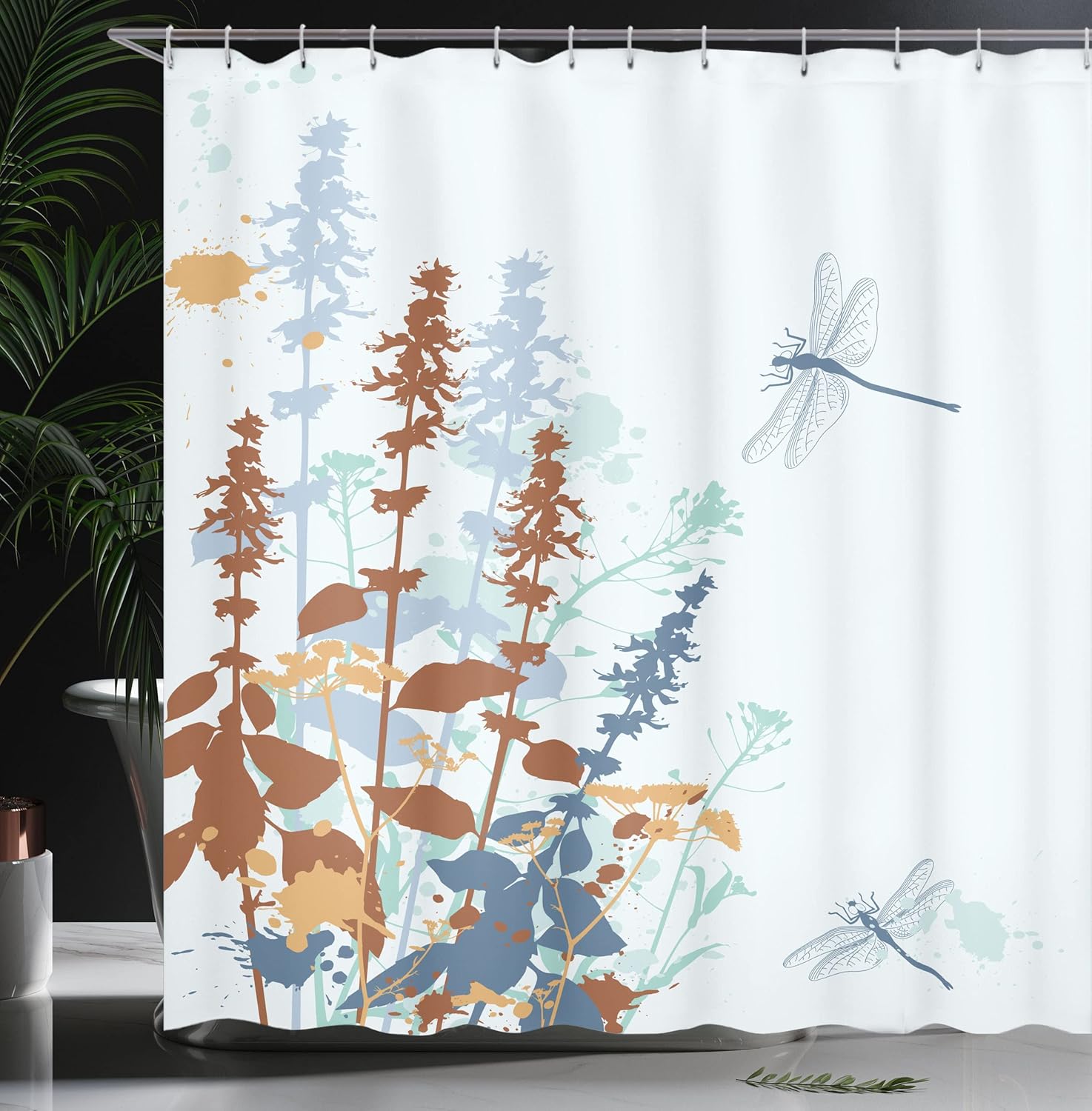 Ambesonne Dragonfly Shower Curtain, Nature Plants Grass with Wildflowers with Paintbrush Effects Print Artwork, Cloth Fabric Bathroom Decor Set with Hooks, 69" W x 70" L, Caramel Cinnamon