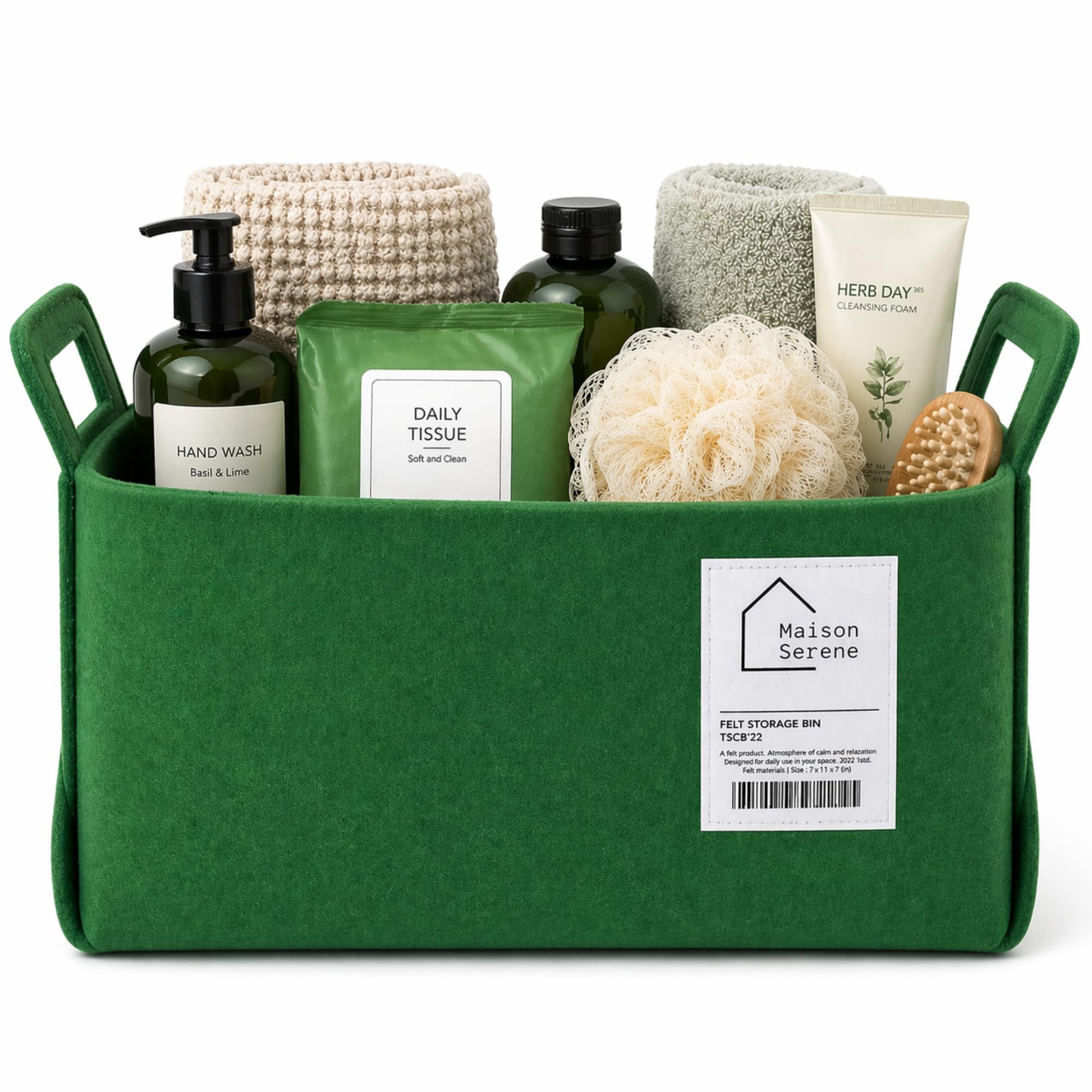 Maison Serene Green Collapsible Felt Storage Basket With Handles, Foldable Fabric Bin Organizer For Shelves, Closet, Toy Storage & Nursery, Large
