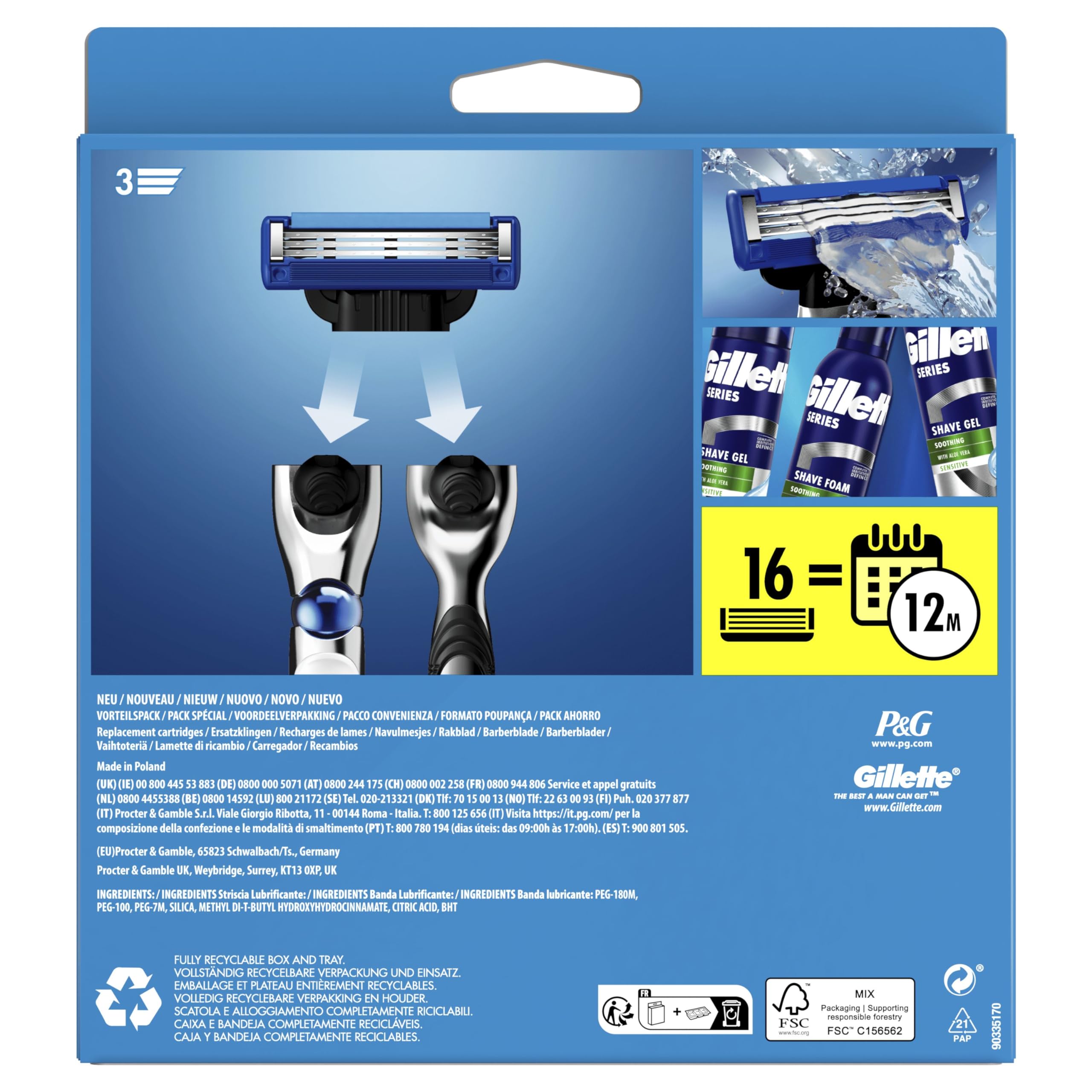 Gillette Mach3 Turbo Ersatz-Rasierklingen für Herren, 3 Klingen, 16 Ersatzklingen