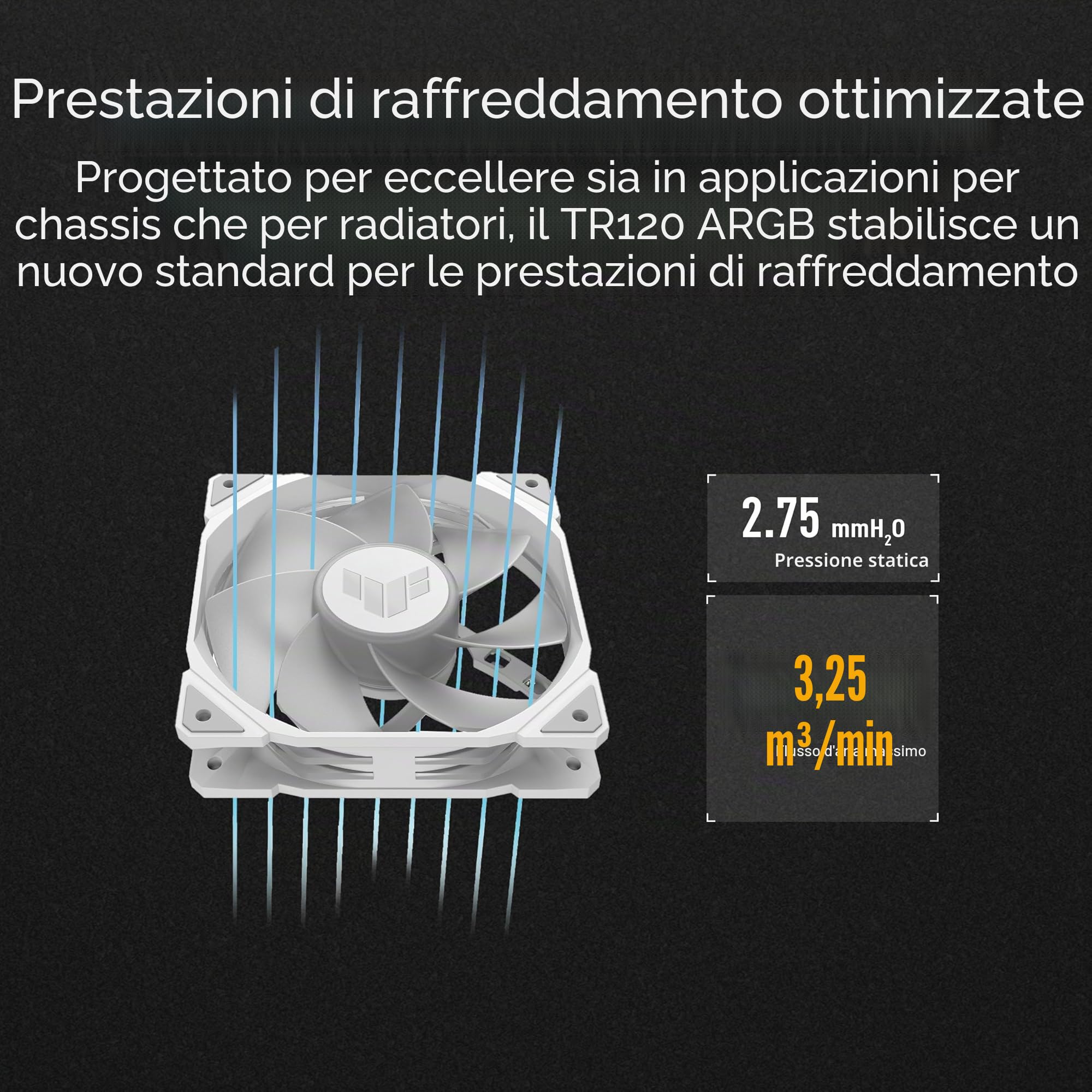 ASUS TUF GAMING TR120 FAN ARGB REVERSE WHT 3IN1, Ventole Bianche, 3 Pezzi | Pale Invertite, Dimensioni 120x120x28mm, Pressione Statica 3,3mm H2O, Design a Doppio Strato con 16 LED RGB, Controllo PWM