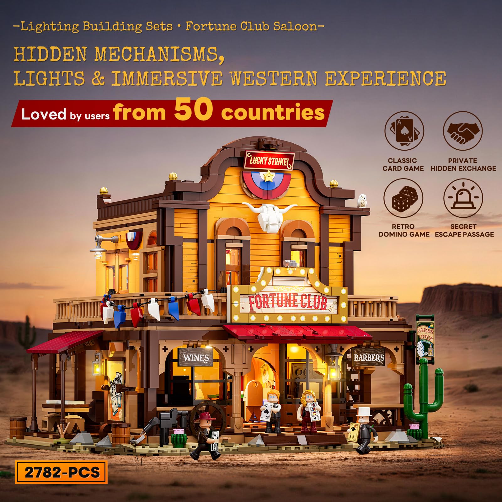 LUMIBRICKS Western Lucky Saloon zestaw klocków zaciskowych LED, 2200 elementów, modułowy budynek Wild-West, model z oświetleniem, podwójna struktura wewnętrzna, tajne przegródki i bogata w szczegóły