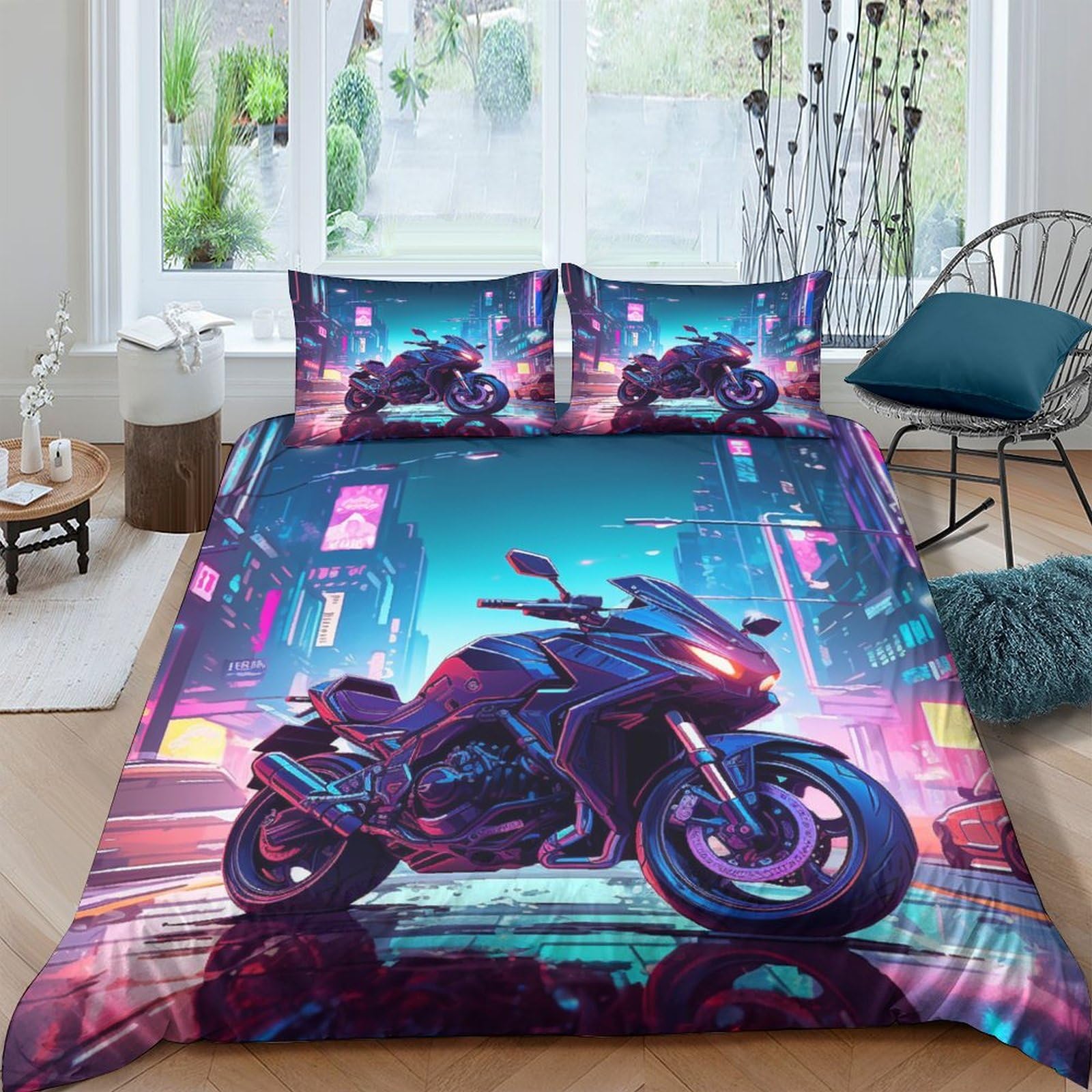 Housse de couette moto pour transformer la chambre d'enfant en piste de course