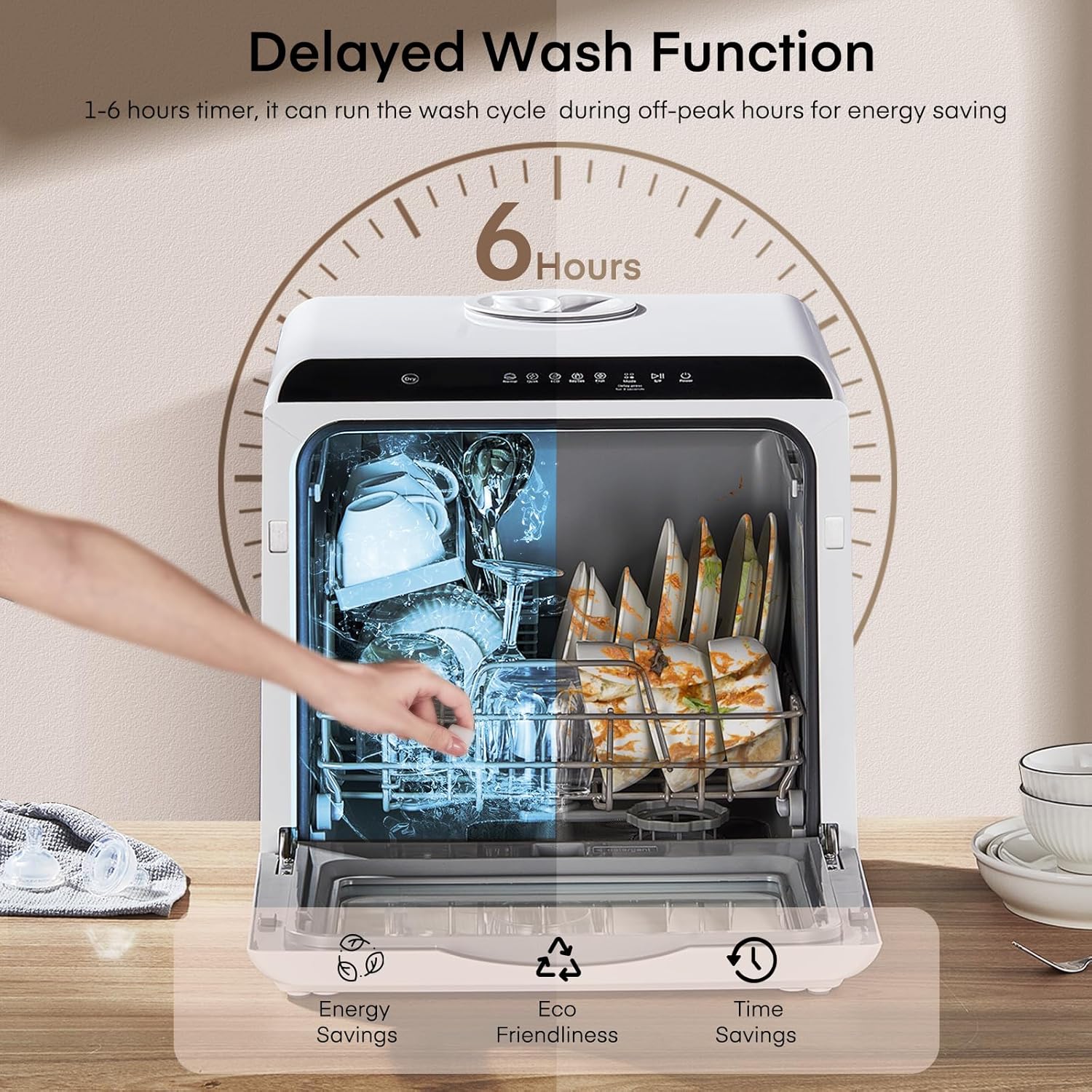 Portable Countertop Dishwasher with 6 Programs, Dual Spray (Powerful & Gentle), High-Temp & Air-Dry, Timer Function, 5L Built-in Water Tank – Compact Design for Home, Apartments, RVs, No Hookup Needed