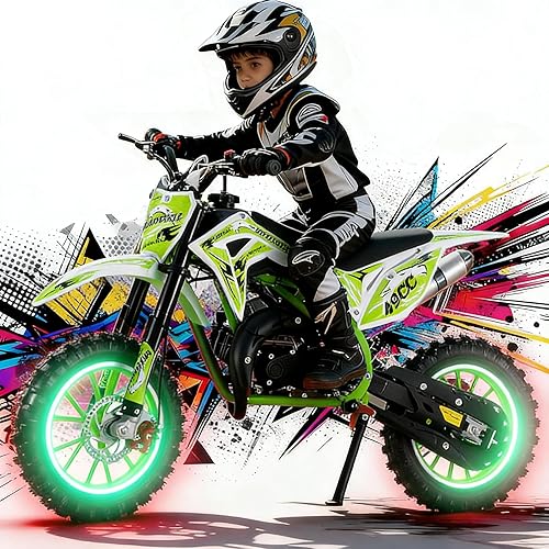 2026 Upgraded 50cc 2-Stroke Kids Dirt Bike Motocross, Pocket Gas Motorbike, Off Road Gas Power Mini Pocket Motorcycle with Front/Rear Disc Brakes, Scooter Bike Pocket, Dirtbike for Kids Green