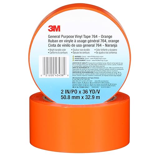 Miniatura 2 de 3M Cinta de vinilo 764, Uso general, 2 in x 36 yardas, Naranja, 1 rollo, Marcado de piso de tráfico ligero, distanciamiento social, codificación