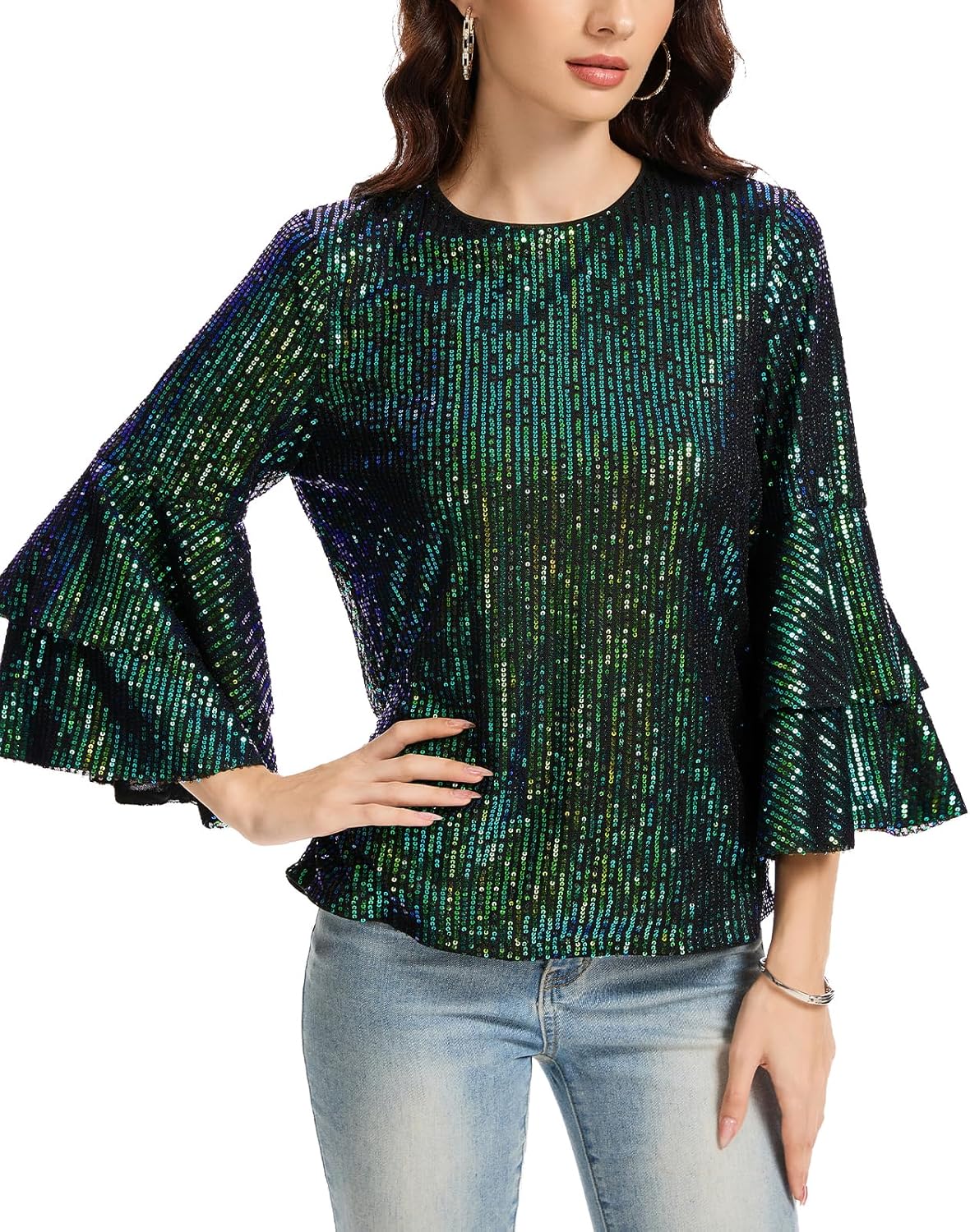 Womens Full Sequin Sparkle Tops Shimmer Glitter Round Neck 3/4 Sleeve Dressy Tops T-Shirt Tunic Blouse for Club Night(Green, XL)