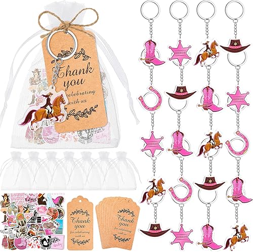 Sasylvia 159 piezas de recuerdos de fiesta de vaquera incluyen 36 llaveros acrílicos rosados, 36 bolsas de organza, 36 etiquetas de papel kraft de