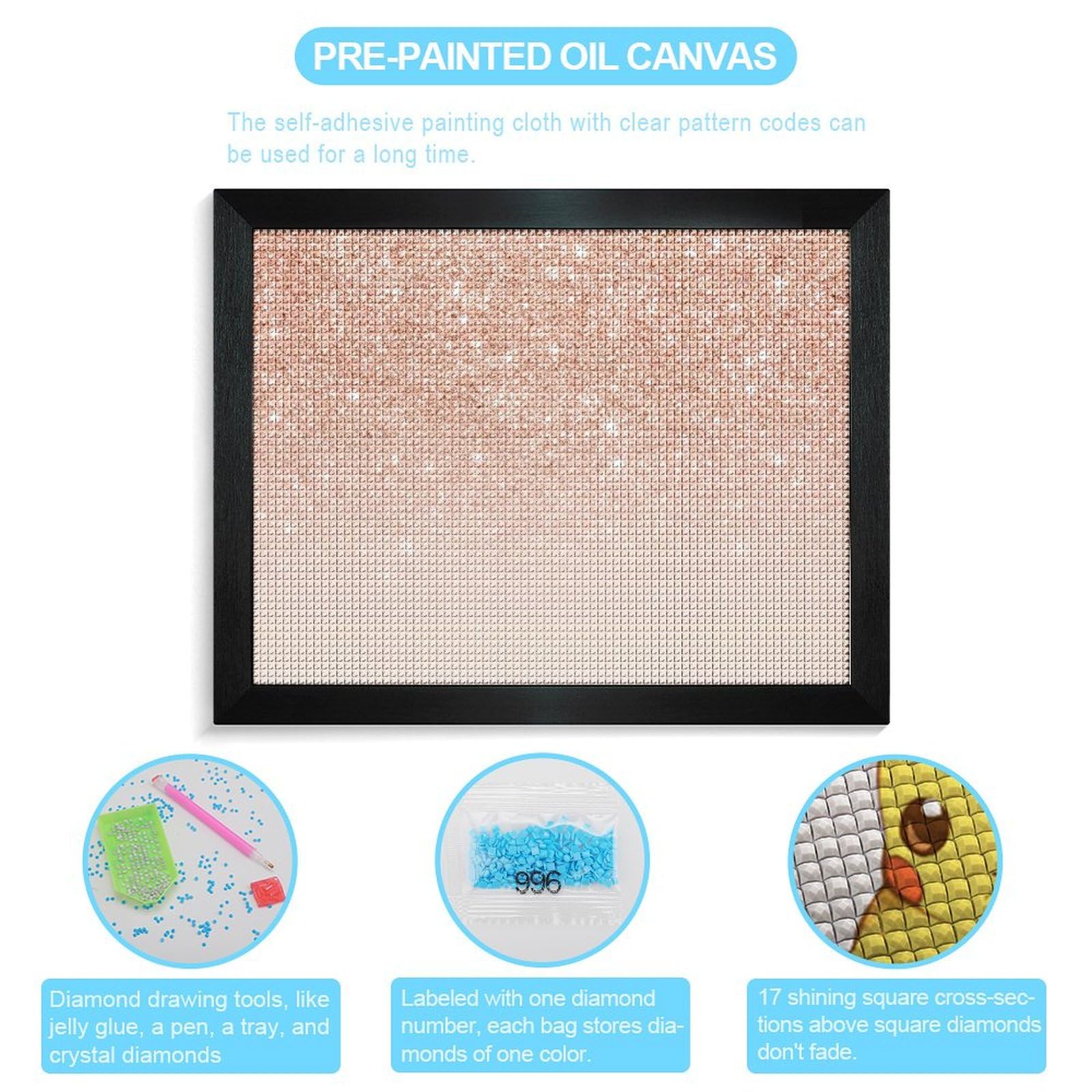 Cmagnifico Kit de peinture diamant à faire soi-même avec cadre, or rose, imitation diamant carré, kit d'art diamant pour décoration murale, 40 x 50 cm